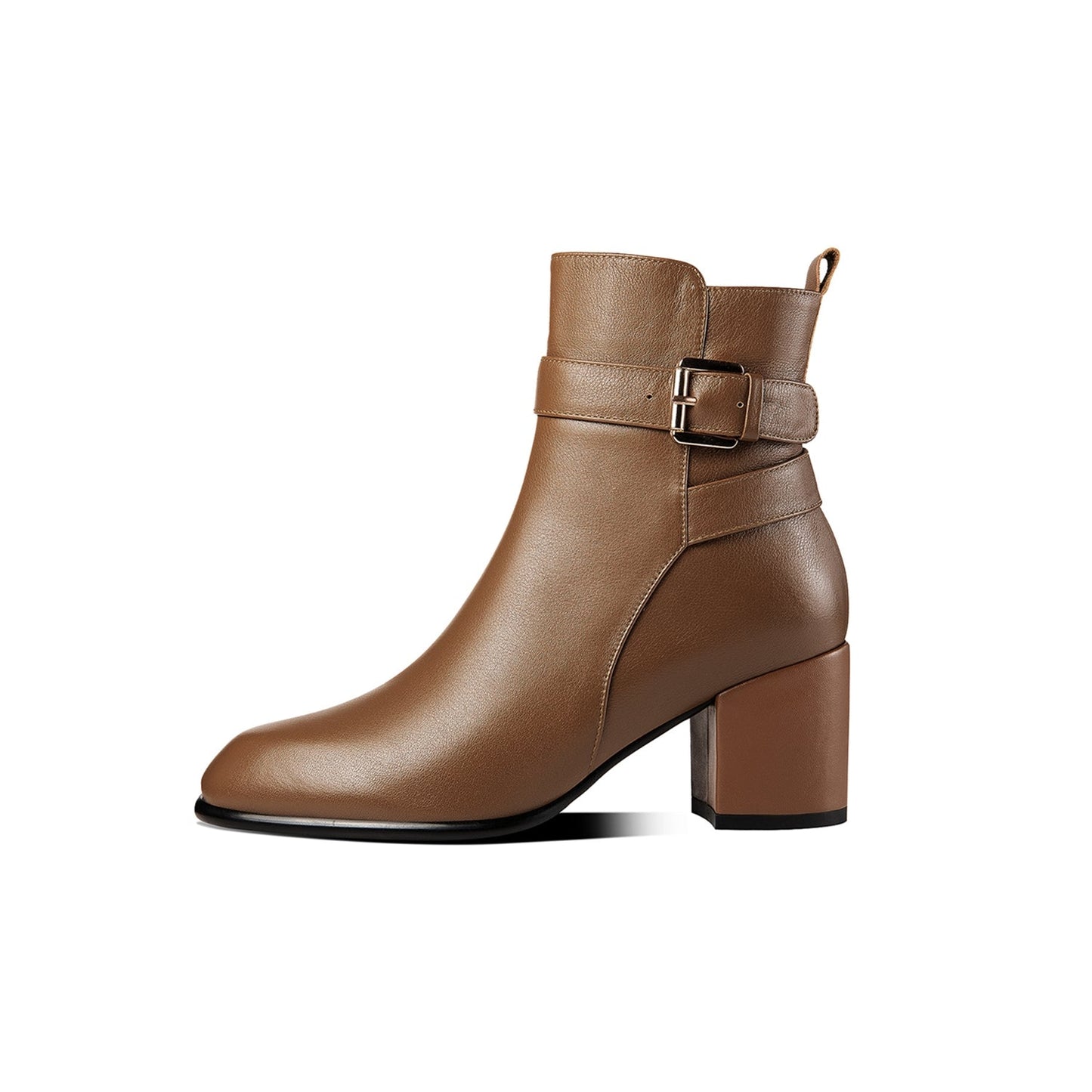 Nine Seven Women's Handmade Genuine Leather Chunky Heel Side Zip Up Round Toe Buckle Design Stylish Ankle Boots