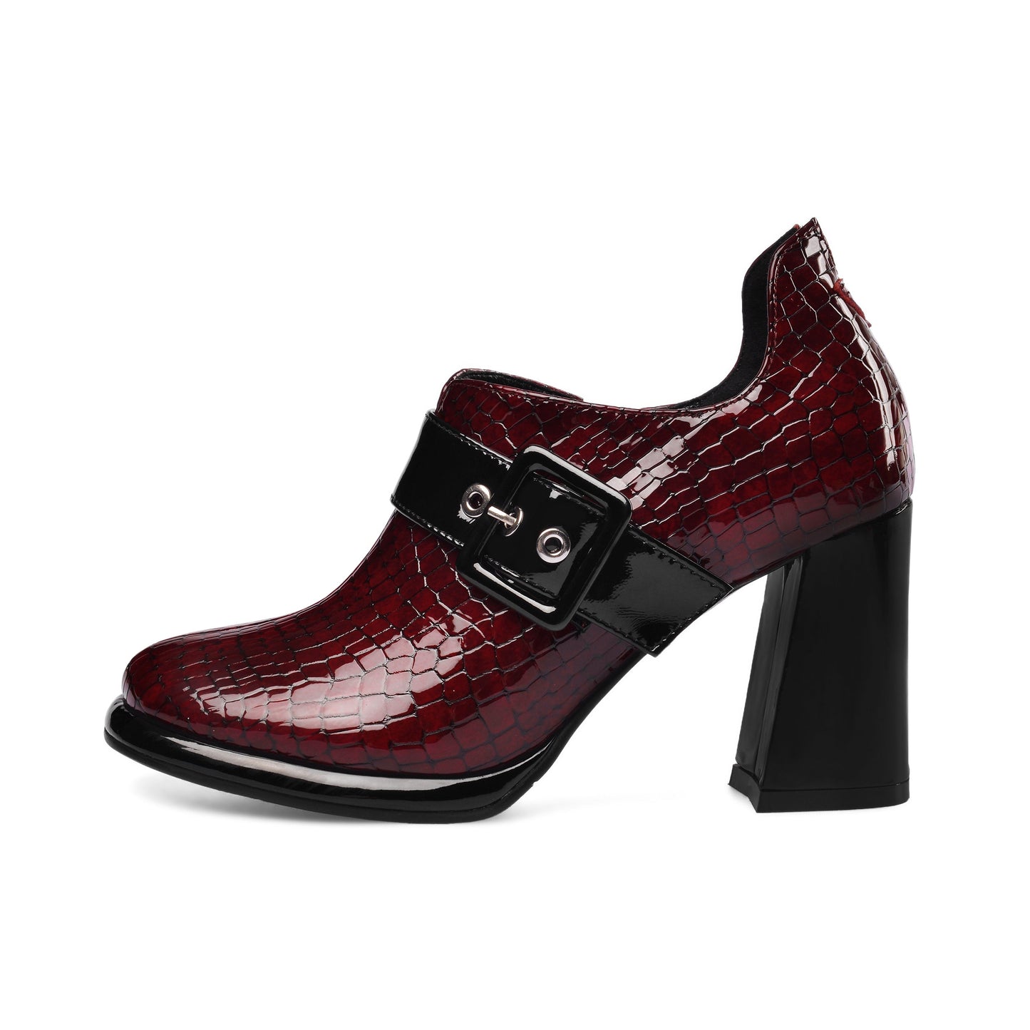 Nine Seven Women's Handmade Patent Leather Round Toe Zip Up High Chunky Heel Chic Pumps Shoes with Buckle