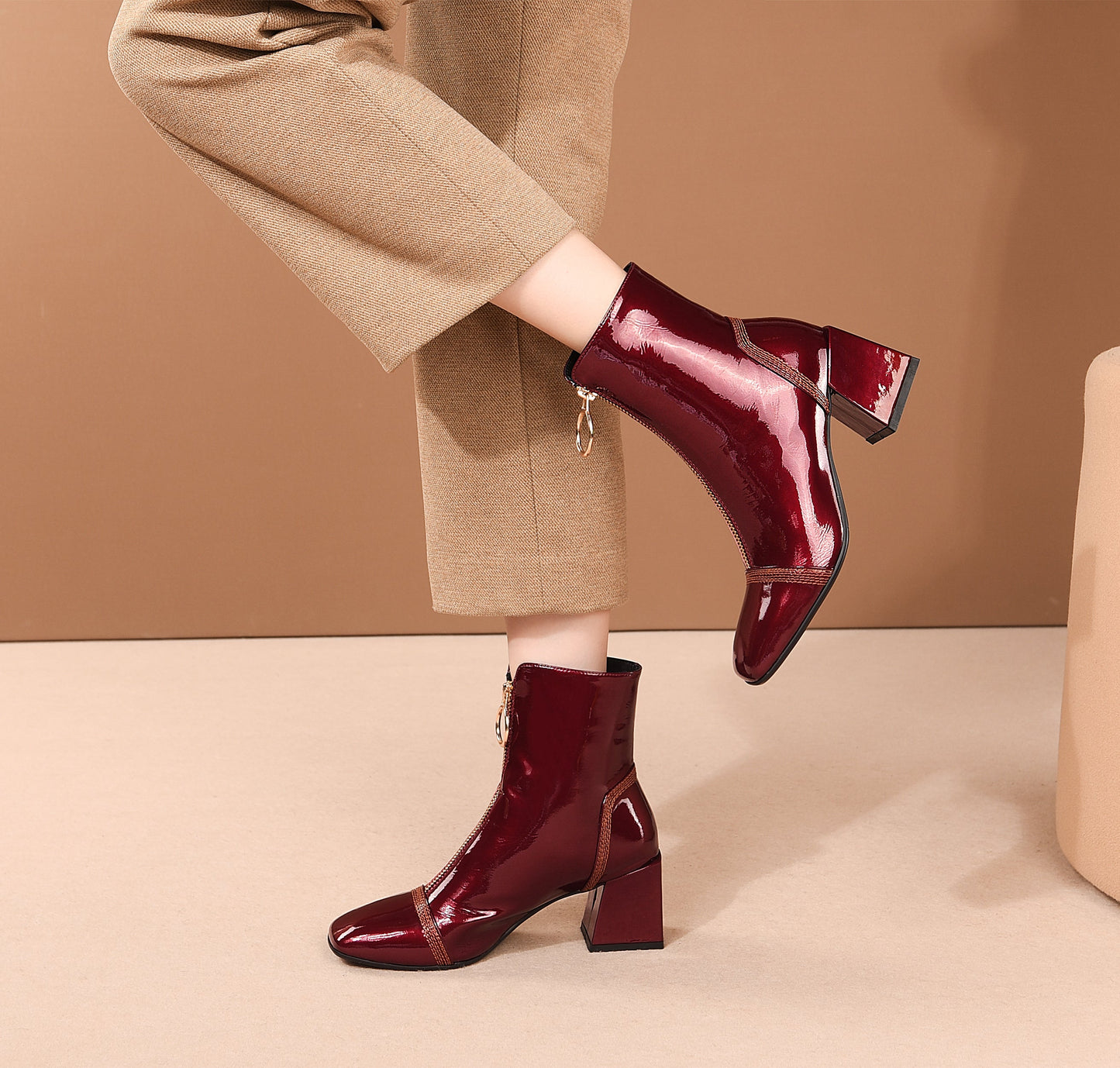 Nine Seven Women's Patent Leather Square Toe Handmade Front Zipper Mid Chunky Heels Trendy Ankle Boots