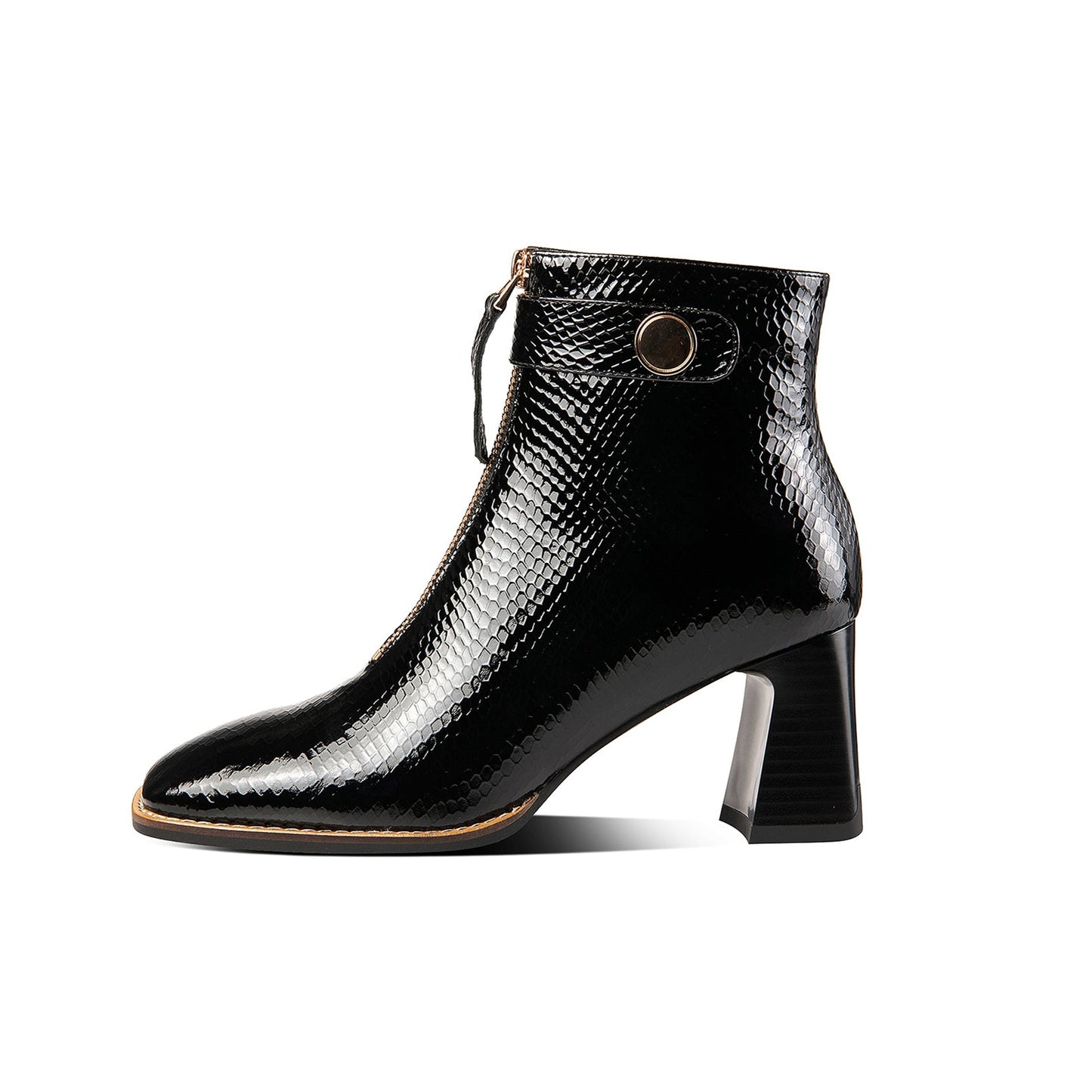 Nine Seven Genuine Leather Women's Handmade Chunky Heel Side Zip Up Square Toe Ankle Boots with Front Zipper Decor