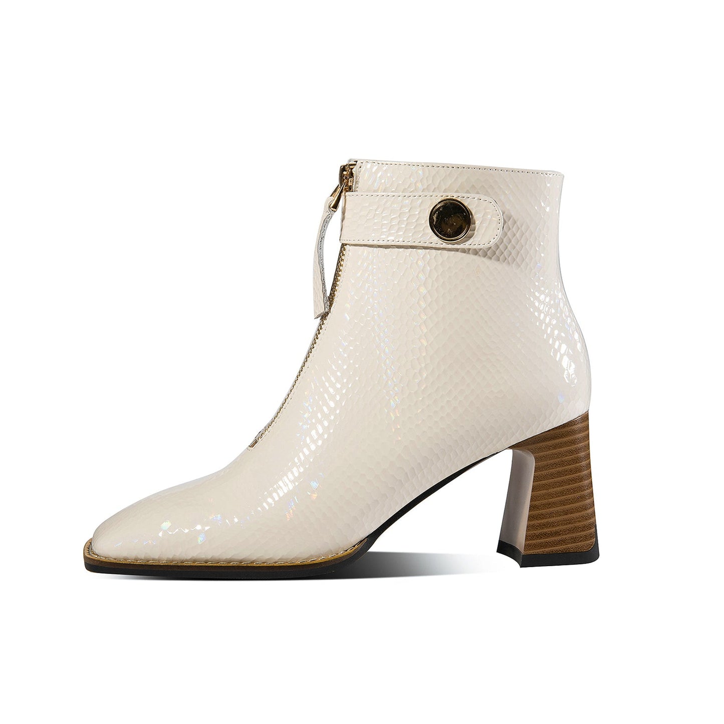 Nine Seven Genuine Leather Women's Handmade Chunky Heel Side Zip Up Square Toe Ankle Boots with Front Zipper Decor