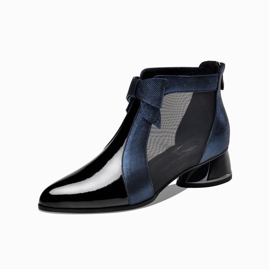 Nine Seven Women's Patent Leather Pointed Toe Cute Bowknot Handmade Low Chunky Heel Stylish Ankle Boots with Back Zipper