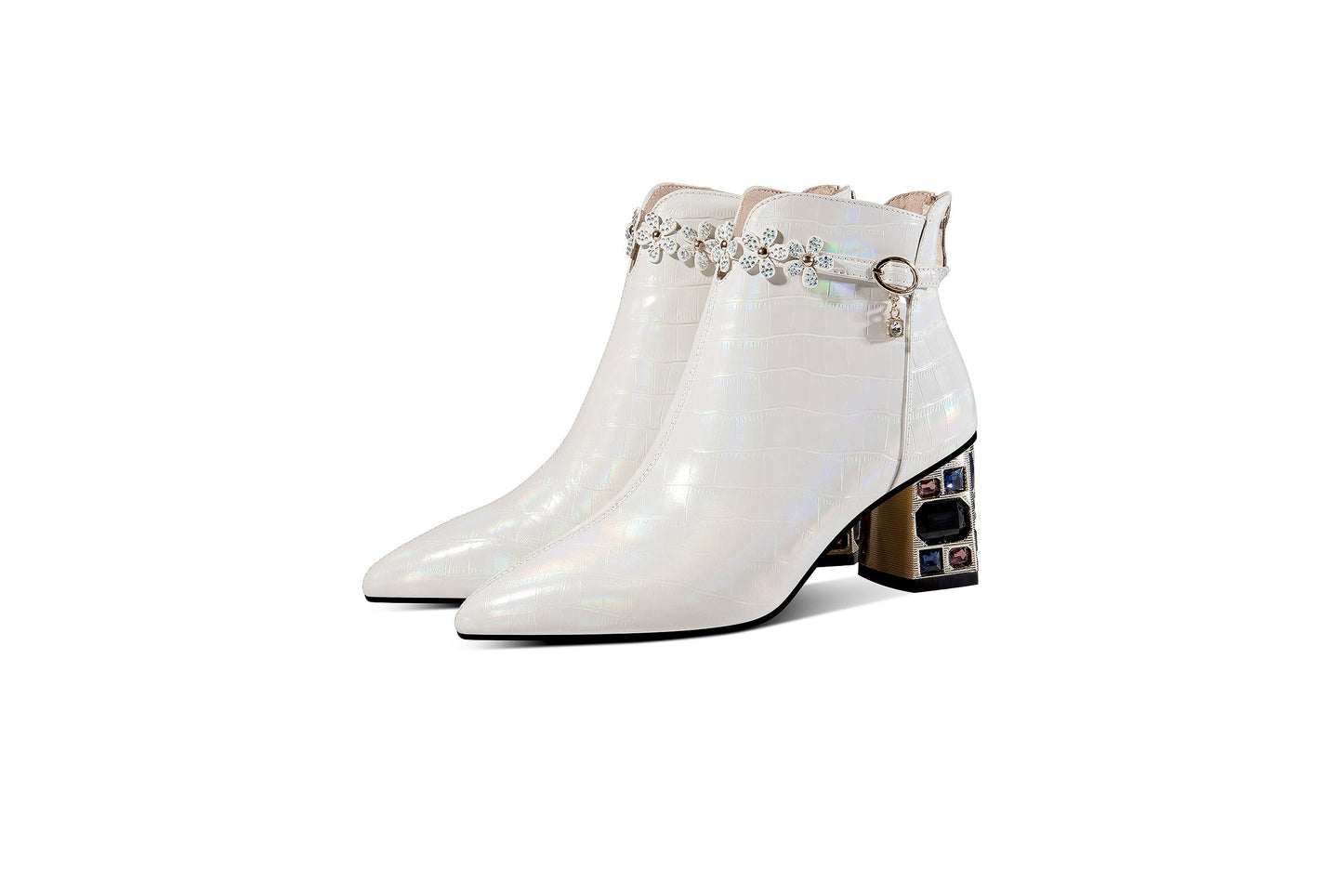 Nine Seven Genuine Leather Women's Handmade Crystal Chunky Heel Pointed Toe Back zip Up Floral Belt Ankle Booties