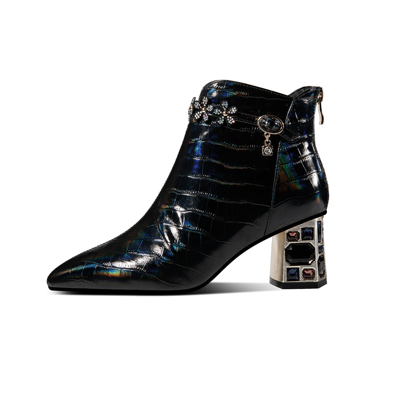 Nine Seven Genuine Leather Women's Handmade Crystal Chunky Heel Pointed Toe Back zip Up Floral Belt Ankle Booties