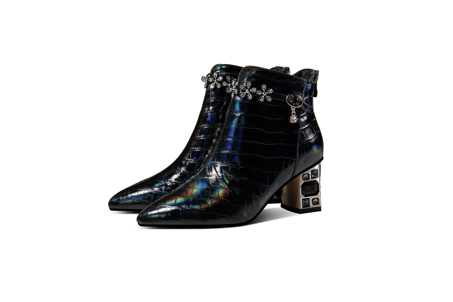 Nine Seven Genuine Leather Women's Handmade Crystal Chunky Heel Pointed Toe Back zip Up Floral Belt Ankle Booties