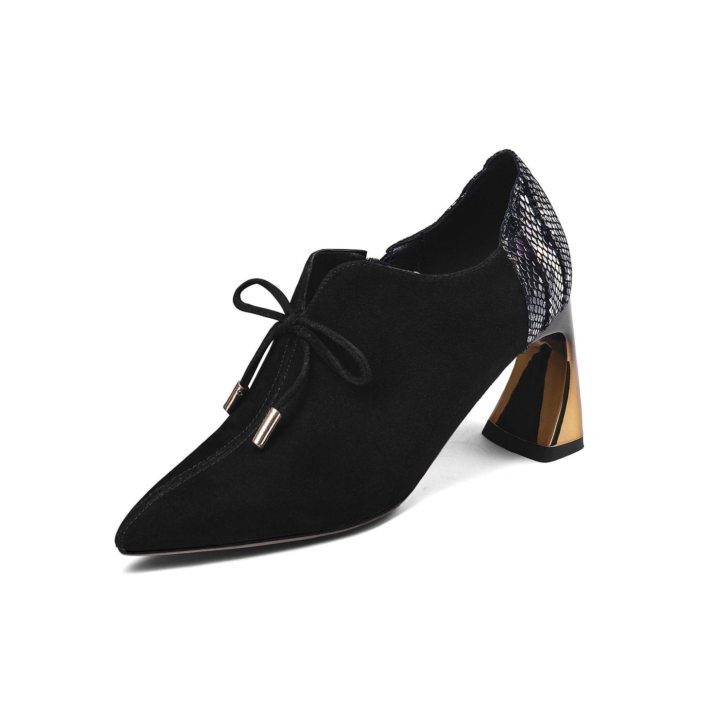 Nine Seven Women's Suede Leather Pointed Toe Handmade Side Zip High Chunky Heel Pumps with Cute Bow