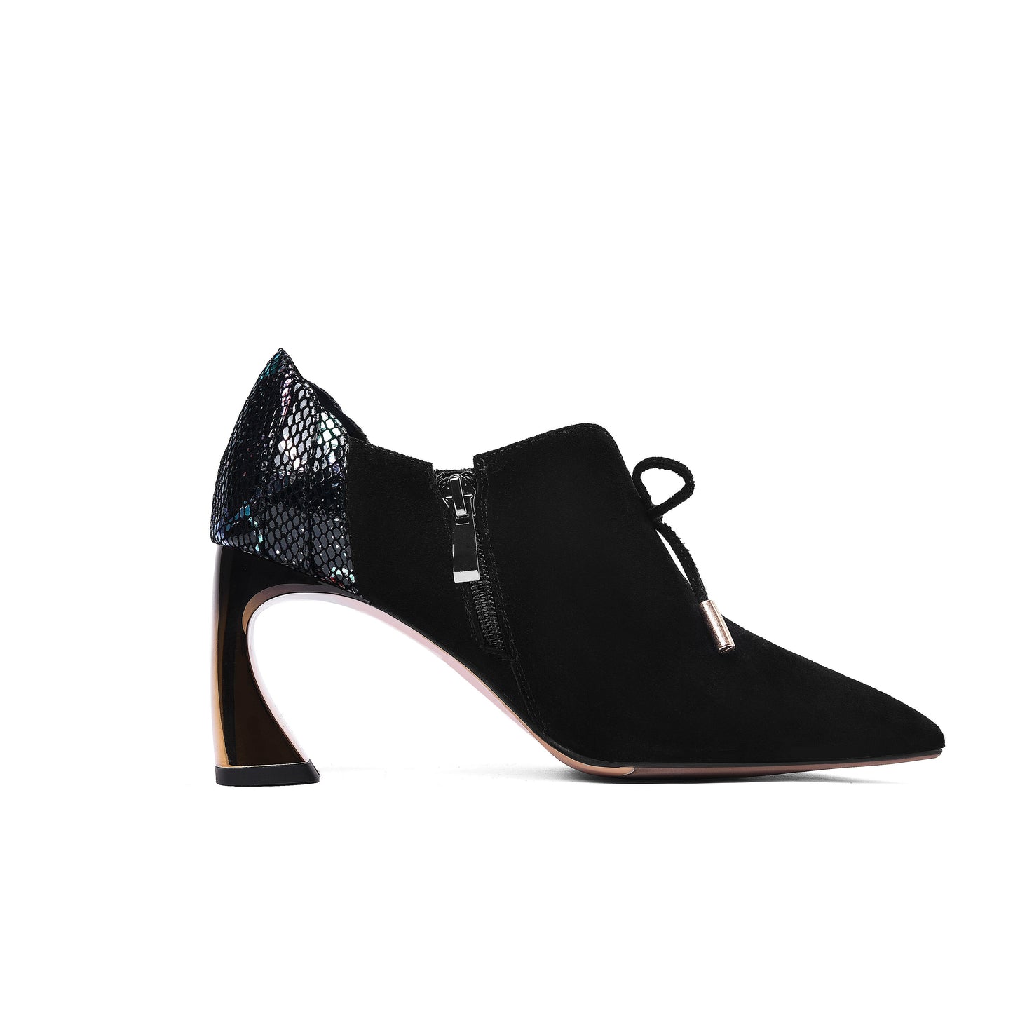 Nine Seven Women's Suede Leather Pointed Toe Handmade Side Zip High Chunky Heel Pumps with Cute Bow