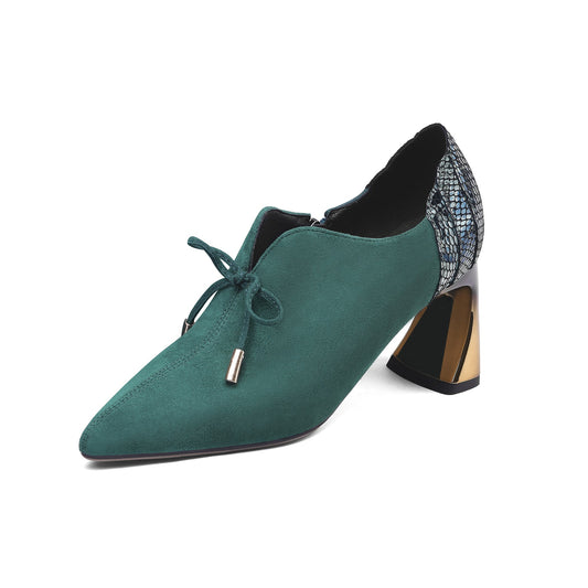 Nine Seven Women's Suede Leather Pointed Toe Handmade Side Zip High Chunky Heel Pumps with Cute Bow