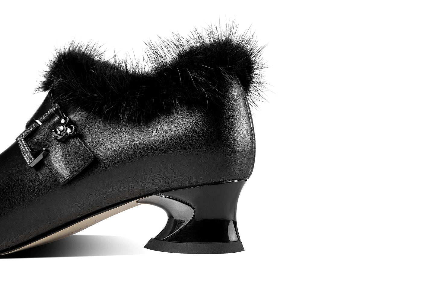 Nine Seven Women's Genuine Leather Handmade Spool Heel Side Zip Up Pointed Toe Chic Buckle Oxford Pumps with Fur Decor