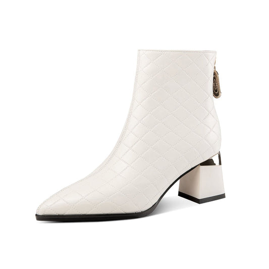 Nine Seven Genuine Leather Women's Handmade Pointed Toe Checkered Chunky Heel Back Zip Up Ankle Boots