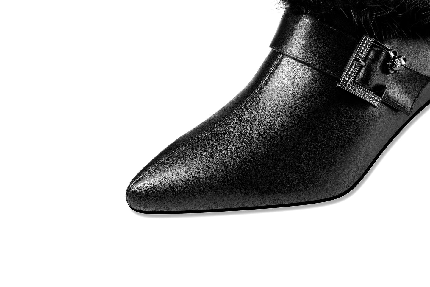 Nine Seven Women's Genuine Leather Handmade Spool Heel Side Zip Up Pointed Toe Chic Buckle Oxford Pumps with Fur Decor