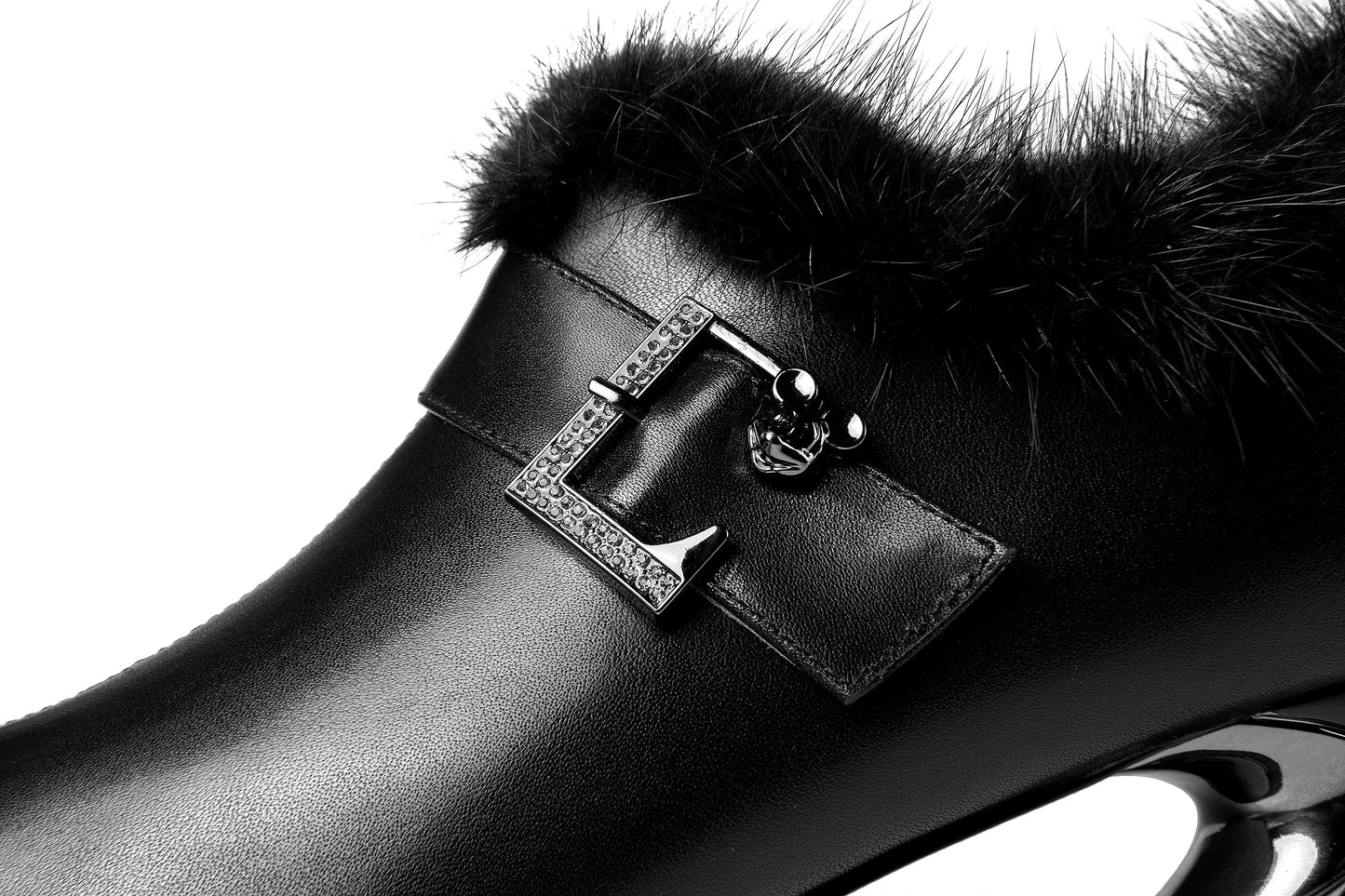 Nine Seven Women's Genuine Leather Handmade Spool Heel Side Zip Up Pointed Toe Chic Buckle Oxford Pumps with Fur Decor