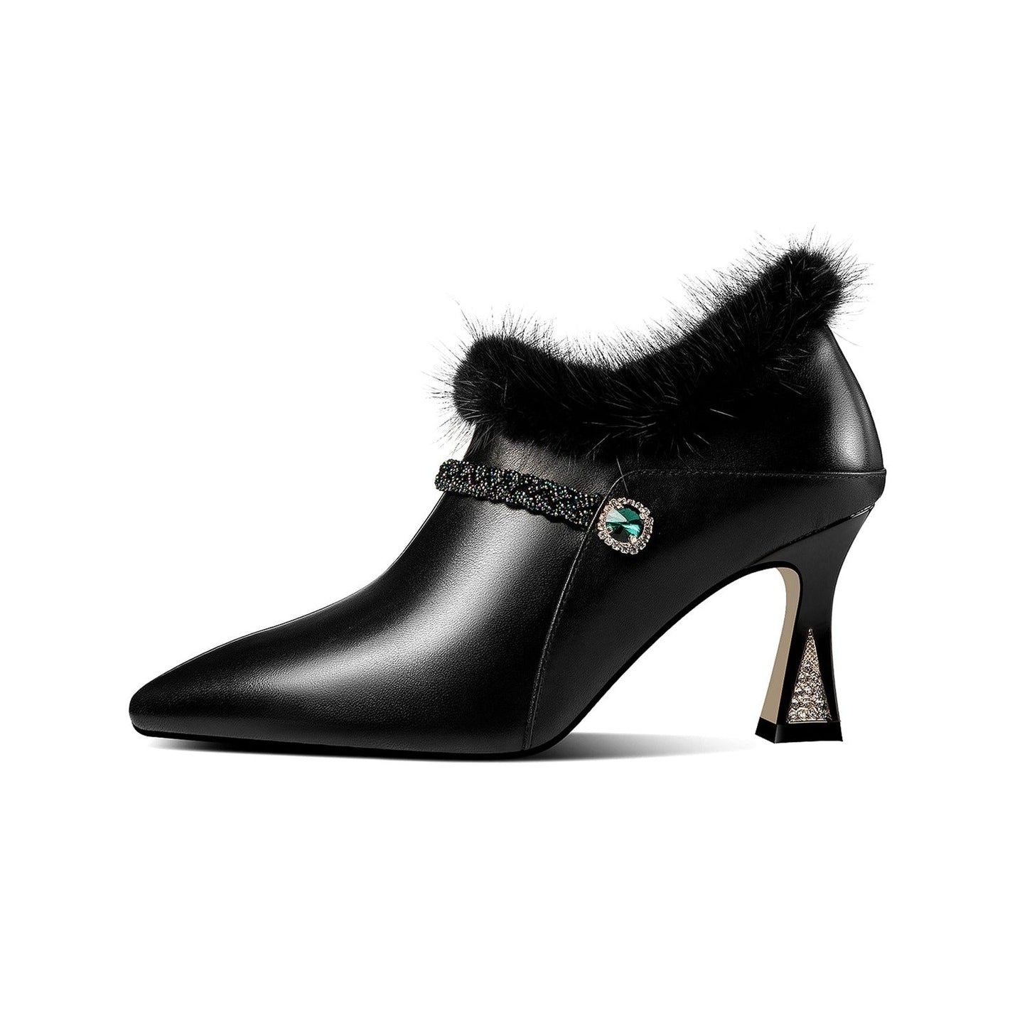 Nine Seven Women's Handmade Genuine Leather and Fur Side Zip Up High Heel Pointed Toe Oxford Pumps with Green Crystal Decor