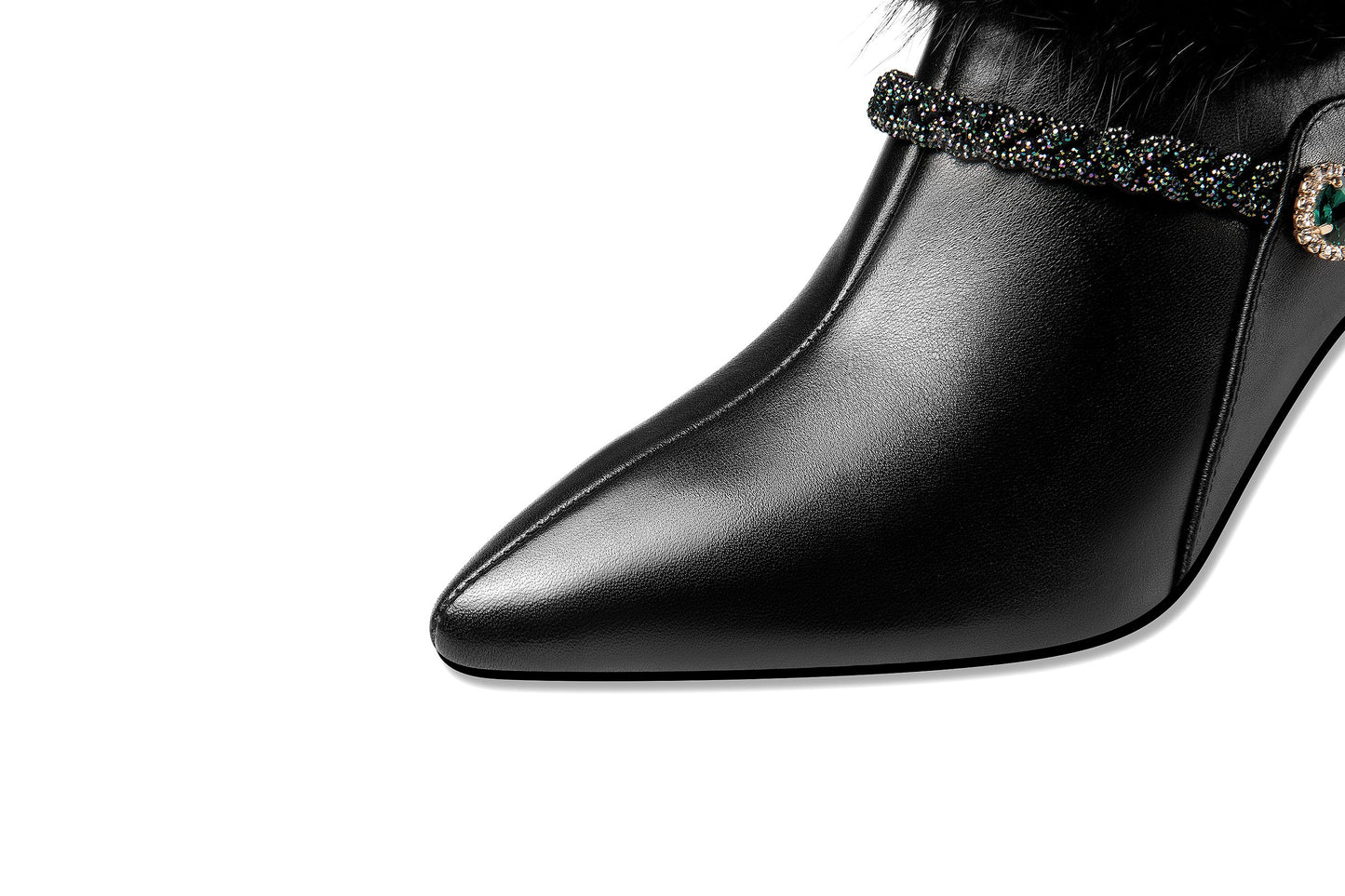 Nine Seven Women's Handmade Genuine Leather and Fur Side Zip Up High Heel Pointed Toe Oxford Pumps with Green Crystal Decor