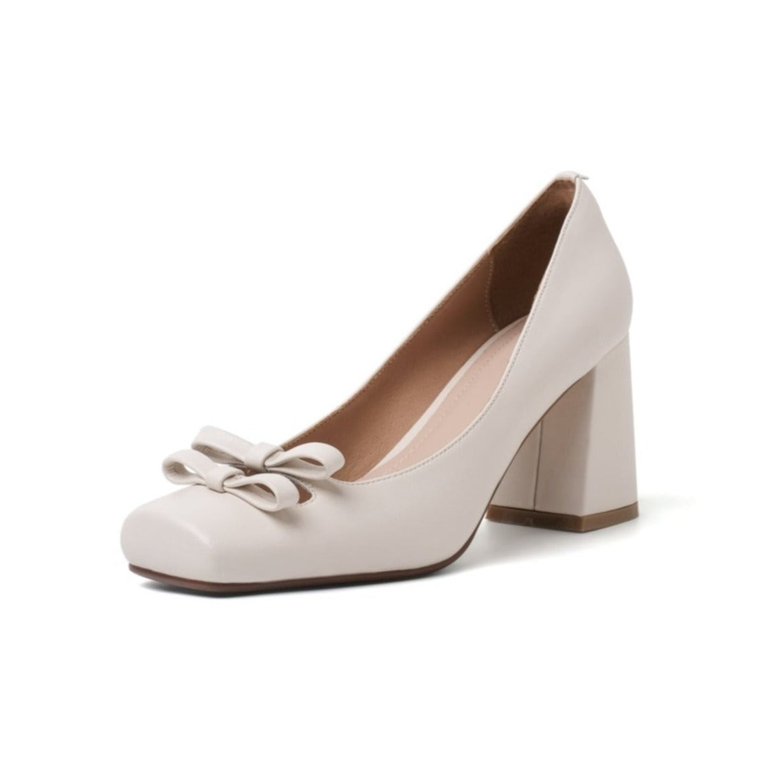 Nine Seven Handmade Women's Genuine Leather Slip On Bow Square Toe High Chunky Heel Pumps Shoes