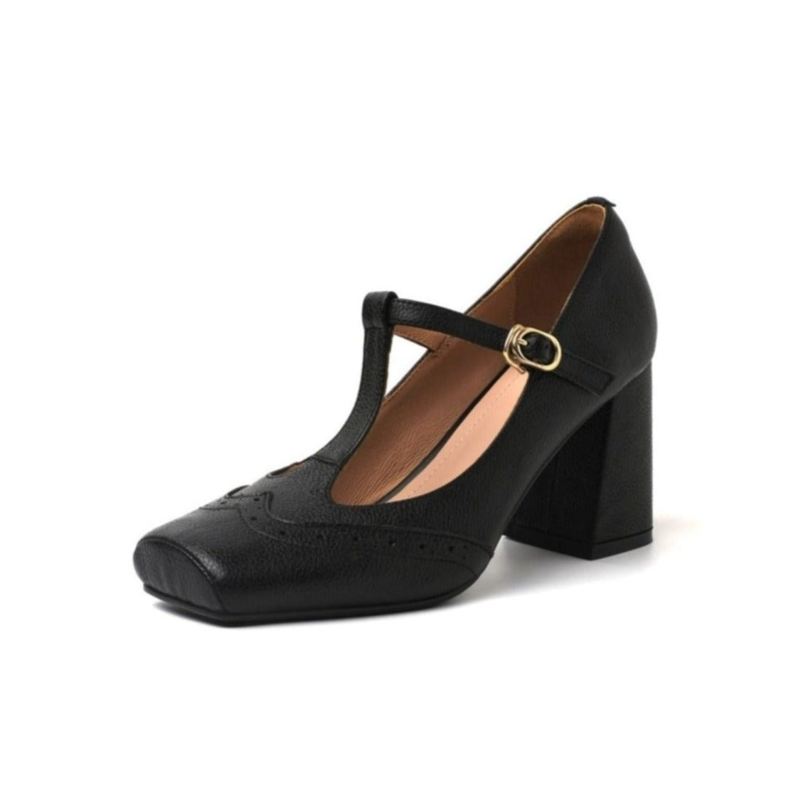 Nine Seven Handmade Women's Genuine Leather T-Strap Buckle Square Toe High Block Heel Mary Janes Pumps Shoes