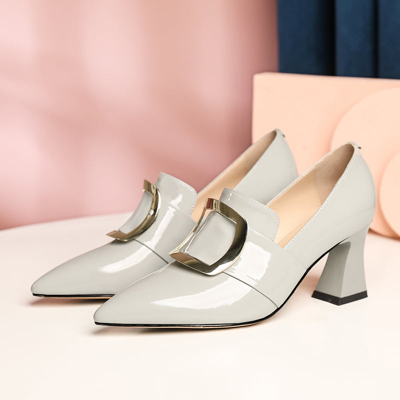 Nine Seven Glossy Patent Leather Women's Handmade Pointed Toe Spool Heel Golden Square Pattern Decor Slip On Loafer Pumps