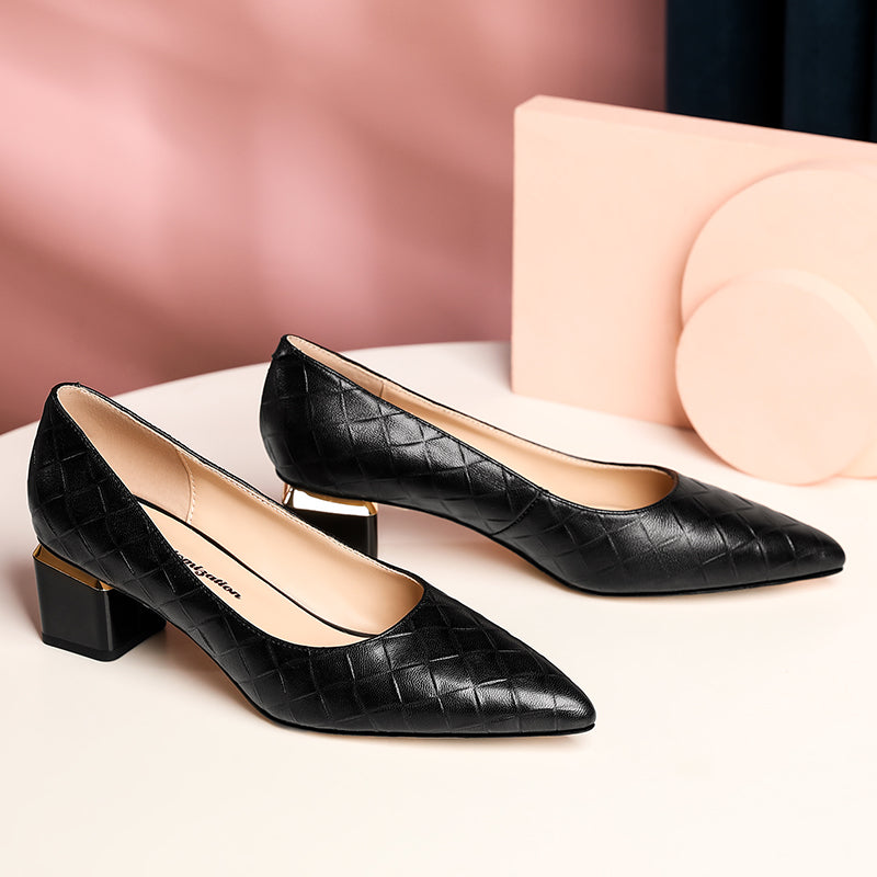 Nine Seven Glossy Genuine Leather Women's Handmade Pointed Toe Spool Heel Golden Square Pattern Decor Slip On Loafer Pumps