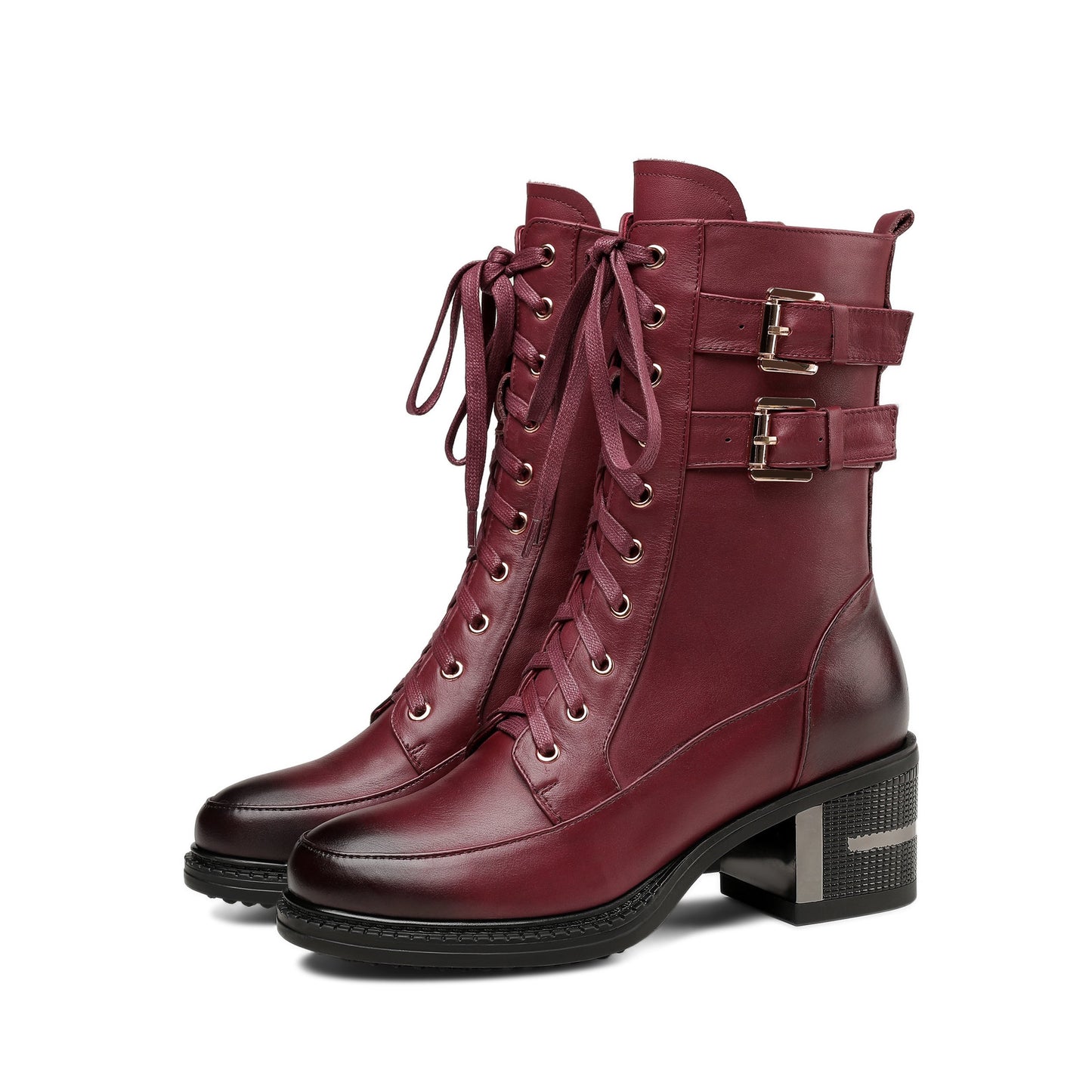 Nine Seven Genuine Leather Round Toe Lace Up Side Zipper Handmade Buckles Mid Chunky Heels Stylish Women's Mid-Calf Boots