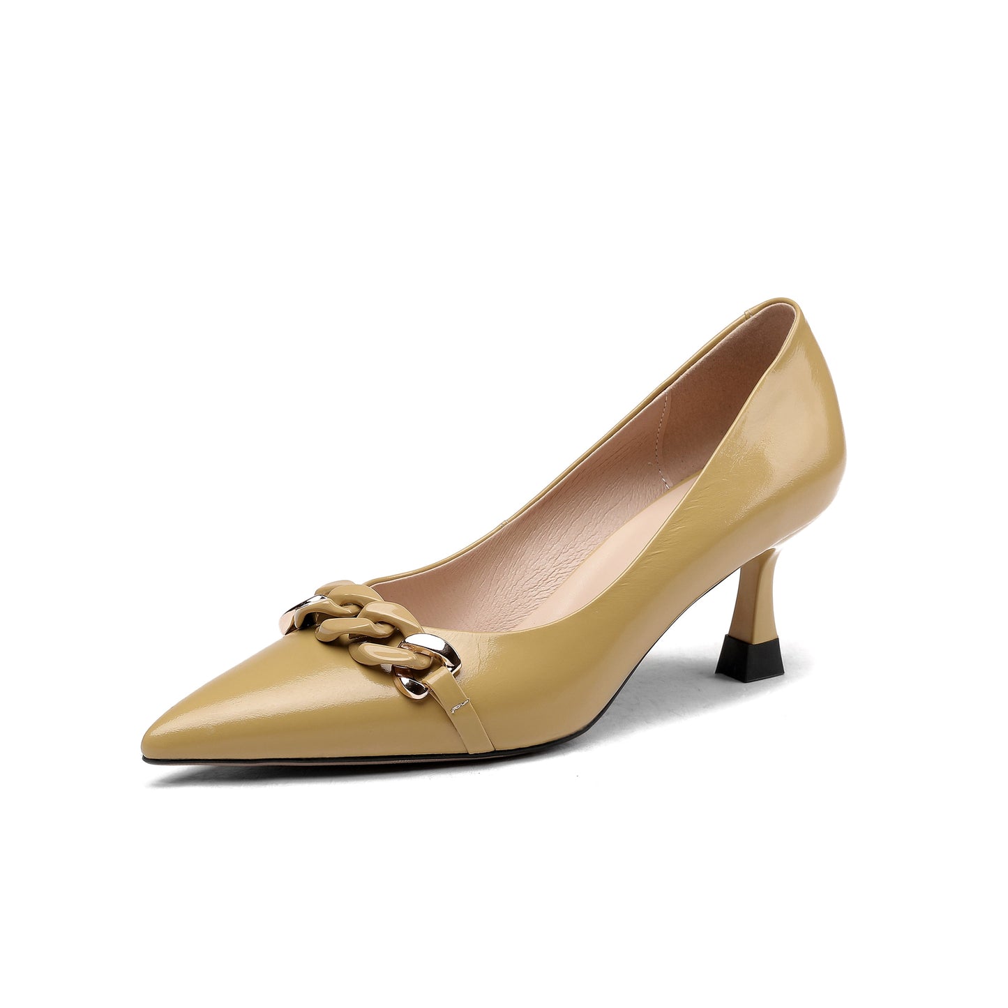 Nine Seven Women's Pointed Toe Handmade Chain Décor Patent Leather Stiletto Mid Heels Stylish Pumps Shoes