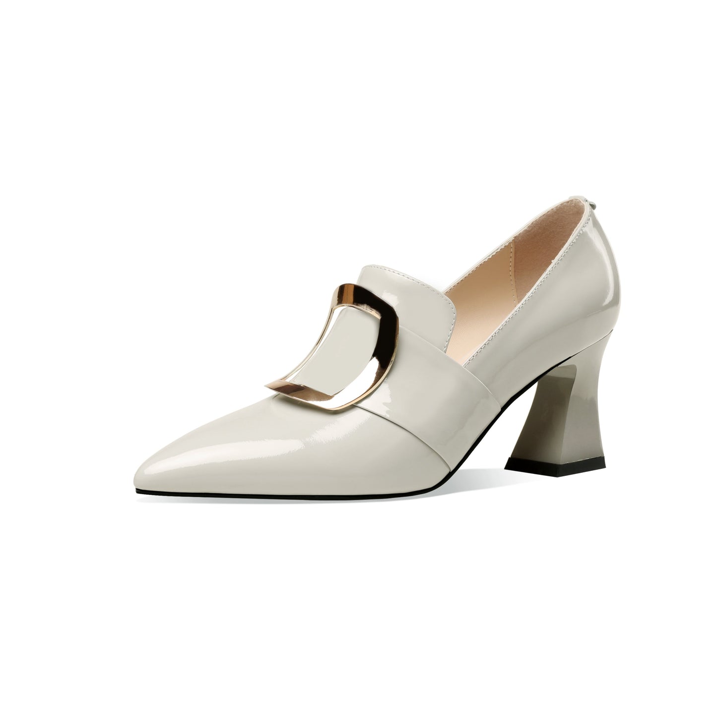 Nine Seven Glossy Patent Leather Women's Handmade Pointed Toe Spool Heel Golden Square Pattern Decor Slip On Loafer Pumps