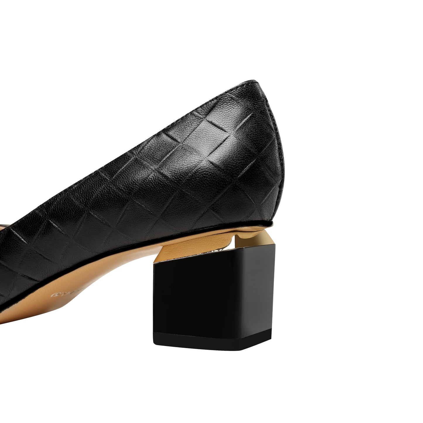 Nine Seven Glossy Genuine Leather Women's Handmade Pointed Toe Spool Heel Golden Square Pattern Decor Slip On Loafer Pumps