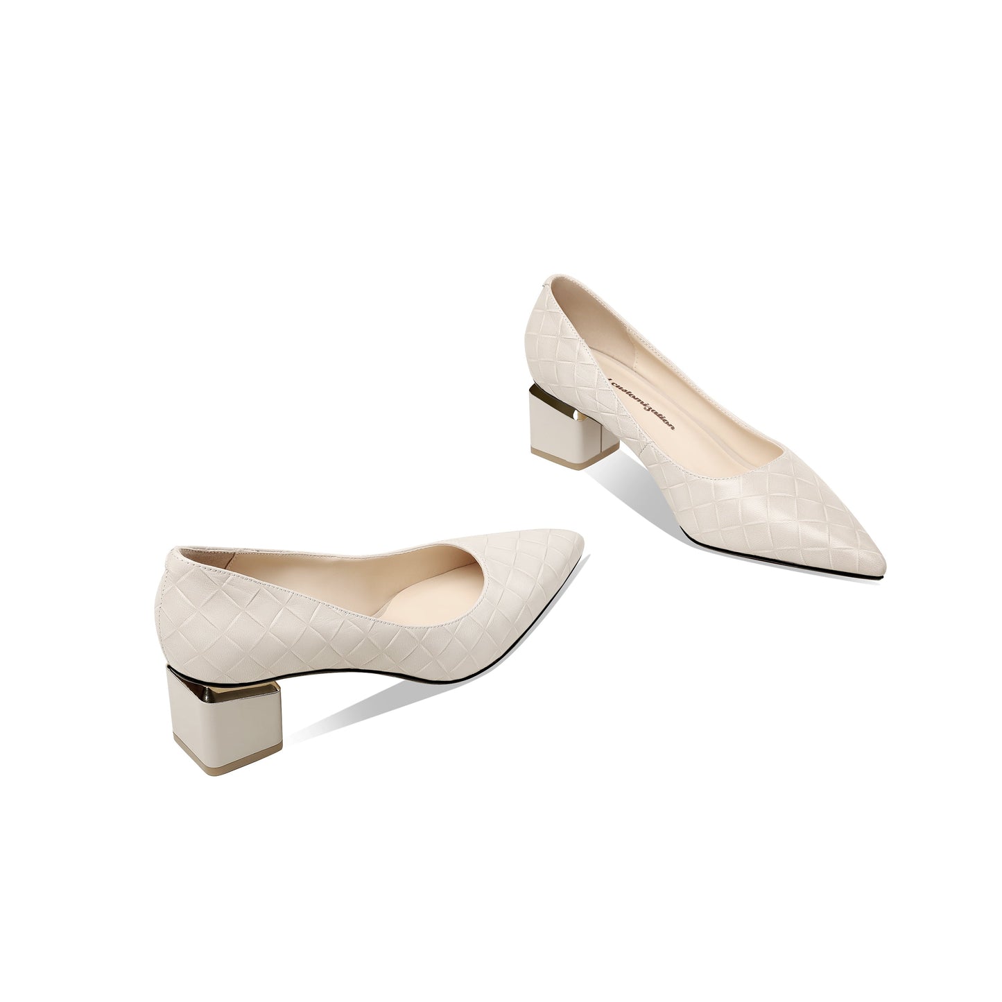 Nine Seven Glossy Genuine Leather Women's Handmade Pointed Toe Spool Heel Golden Square Pattern Decor Slip On Loafer Pumps