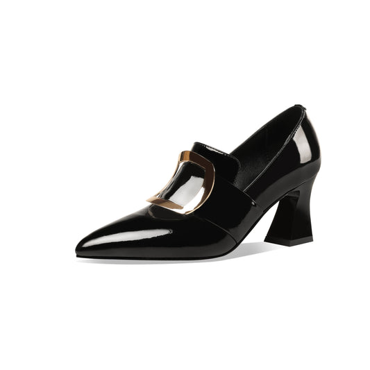 Nine Seven Glossy Patent Leather Women's Handmade Pointed Toe Spool Heel Golden Square Pattern Decor Slip On Loafer Pumps