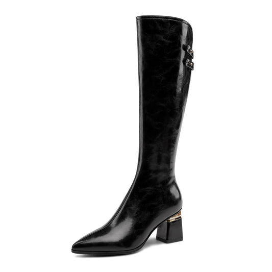 Nine Seven Women's Genuine Leather Handmade Pointed Toe Side Zip Up Comfortable Chunky Heel Knee High Dressy Boots
