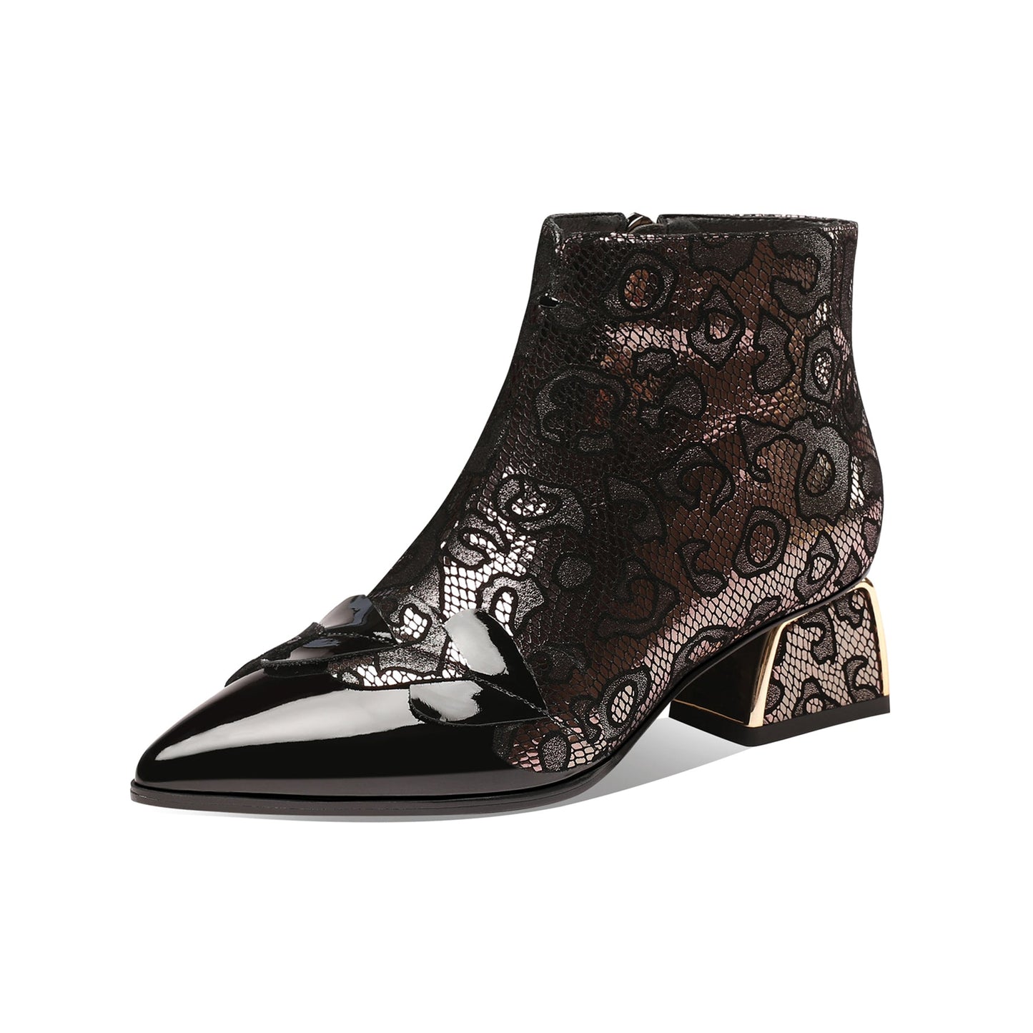 Nine Seven Women's Handmade Patent Genuine Leather Block Heel Side Zip Up Floral Mesh Hollow Ankle Boots with Heart Decor