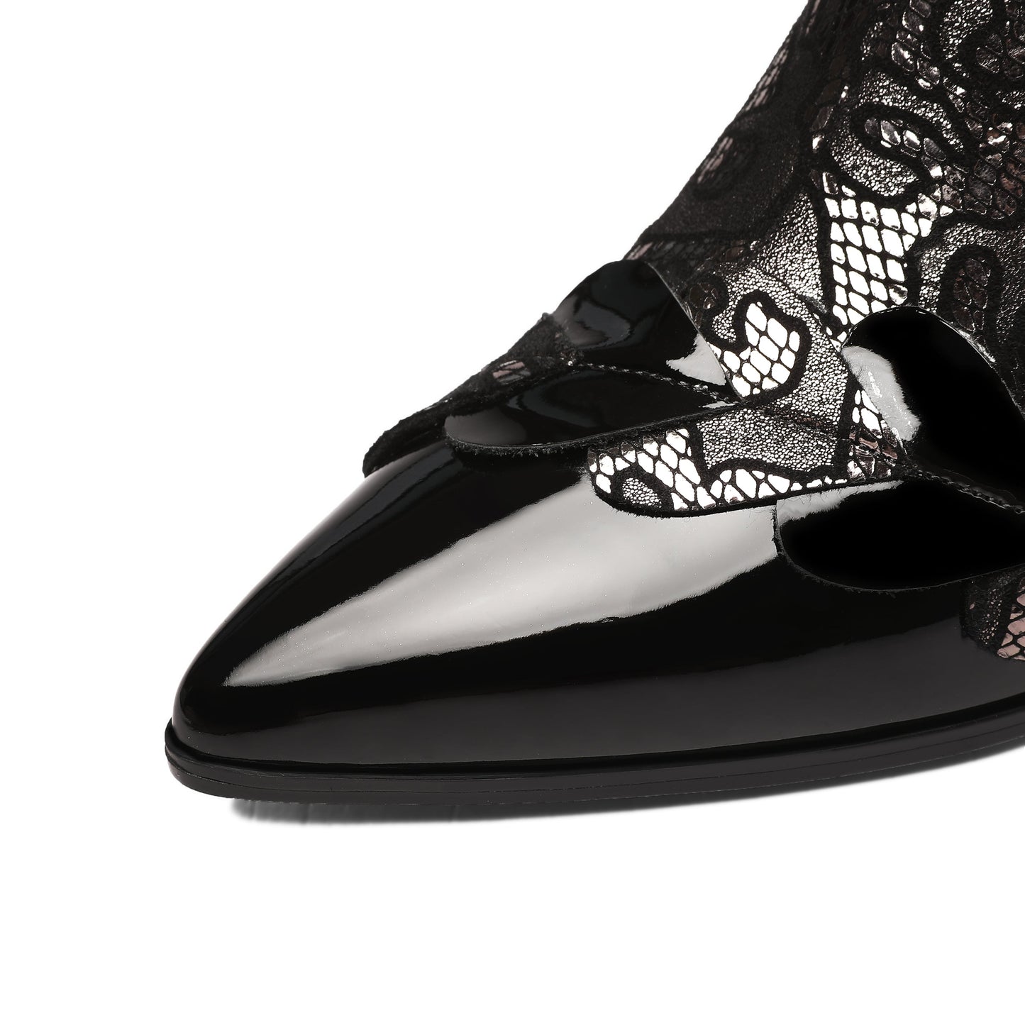 Nine Seven Women's Handmade Patent Genuine Leather Block Heel Side Zip Up Floral Mesh Hollow Ankle Boots with Heart Decor