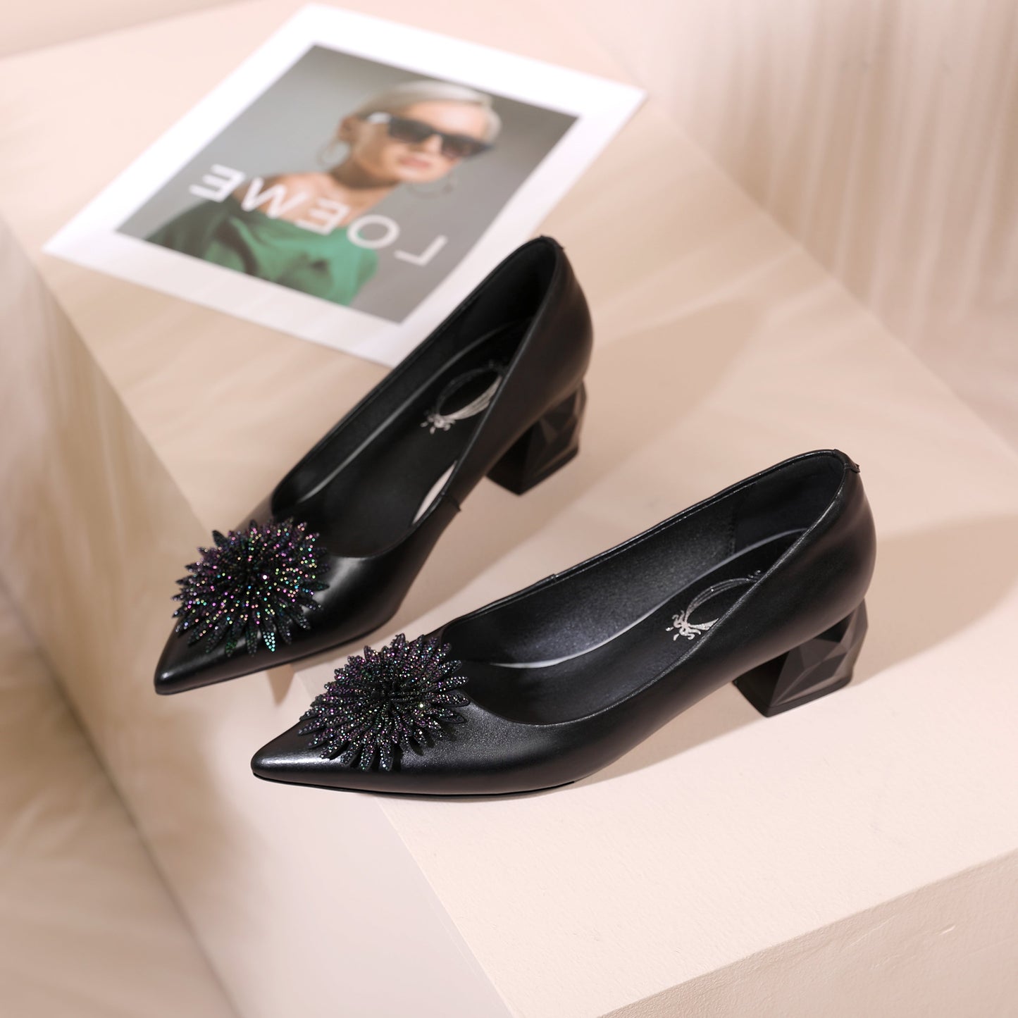 Nine Seven Women's Pointed Toe Genuine/Suede Leather Handmade Rhinestone Floral Decor Low Chunky Heel Pumps Shoes