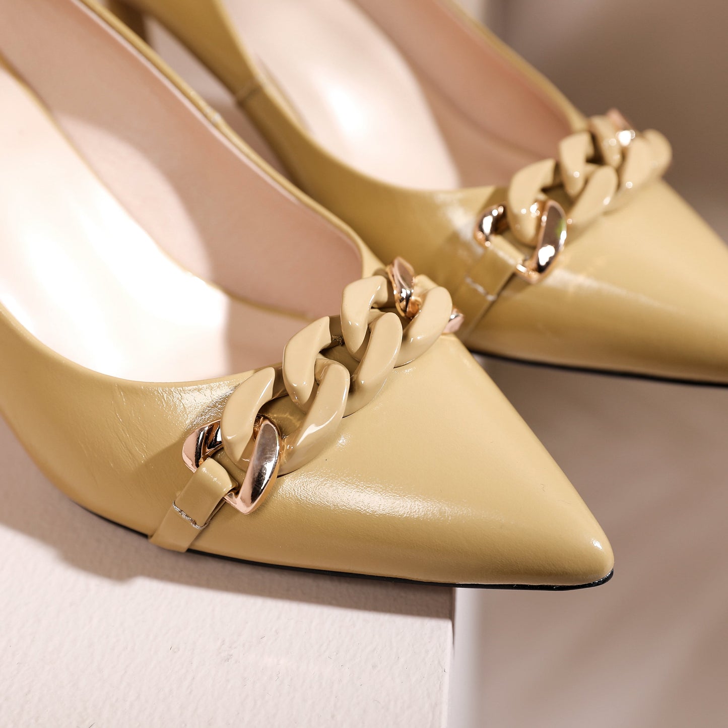 Nine Seven Women's Pointed Toe Handmade Chain Décor Patent Leather Stiletto Mid Heels Stylish Pumps Shoes