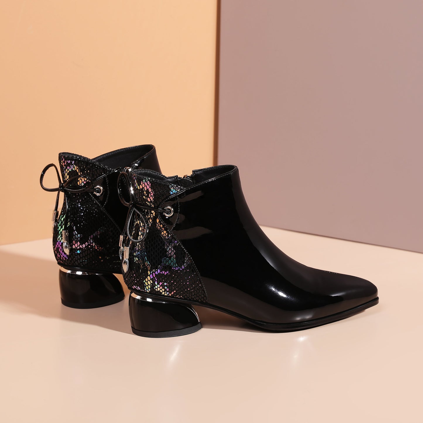 Nine Seven Patent Leather Women's Handmade Comfortable Block Heel Side Zip Up Pointed Toe Cute Bowtie Ankle Booties