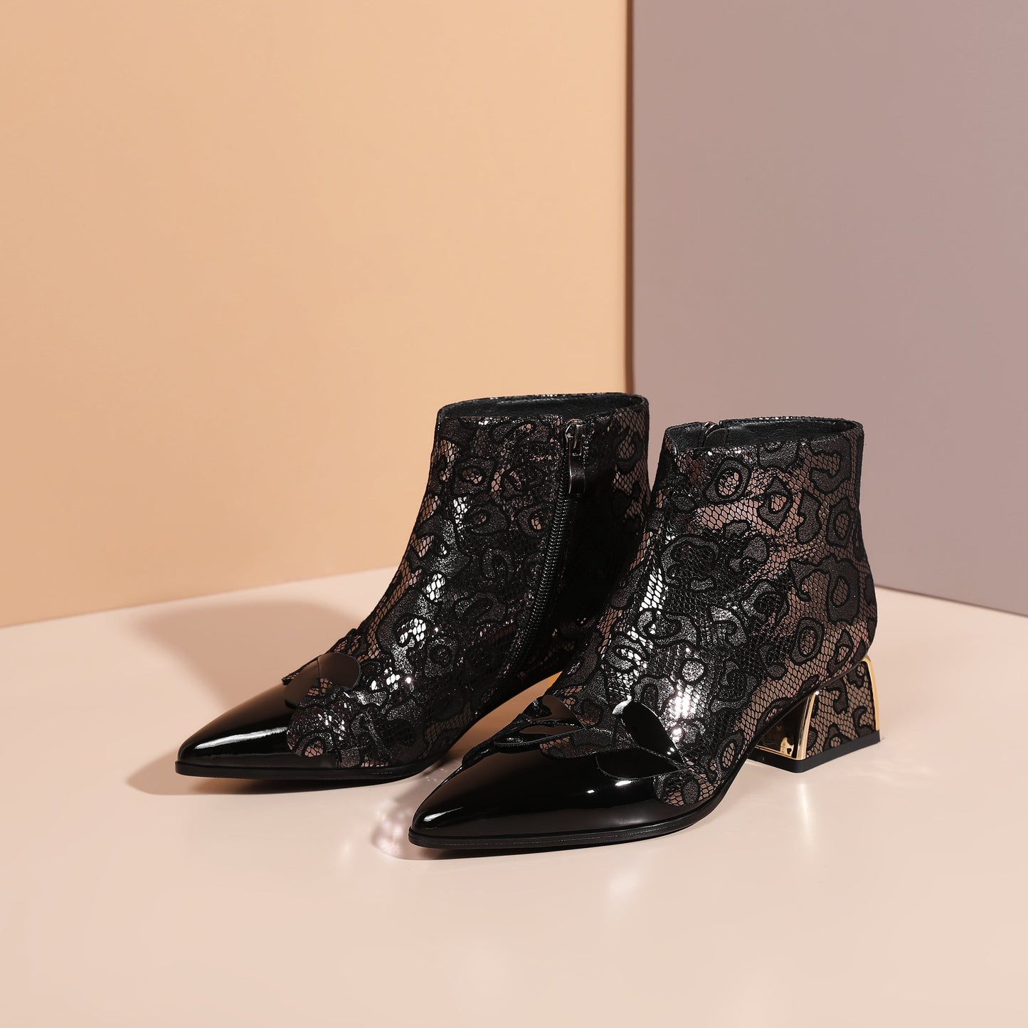 Nine Seven Women's Handmade Patent Genuine Leather Block Heel Side Zip Up Floral Mesh Hollow Ankle Boots with Heart Decor