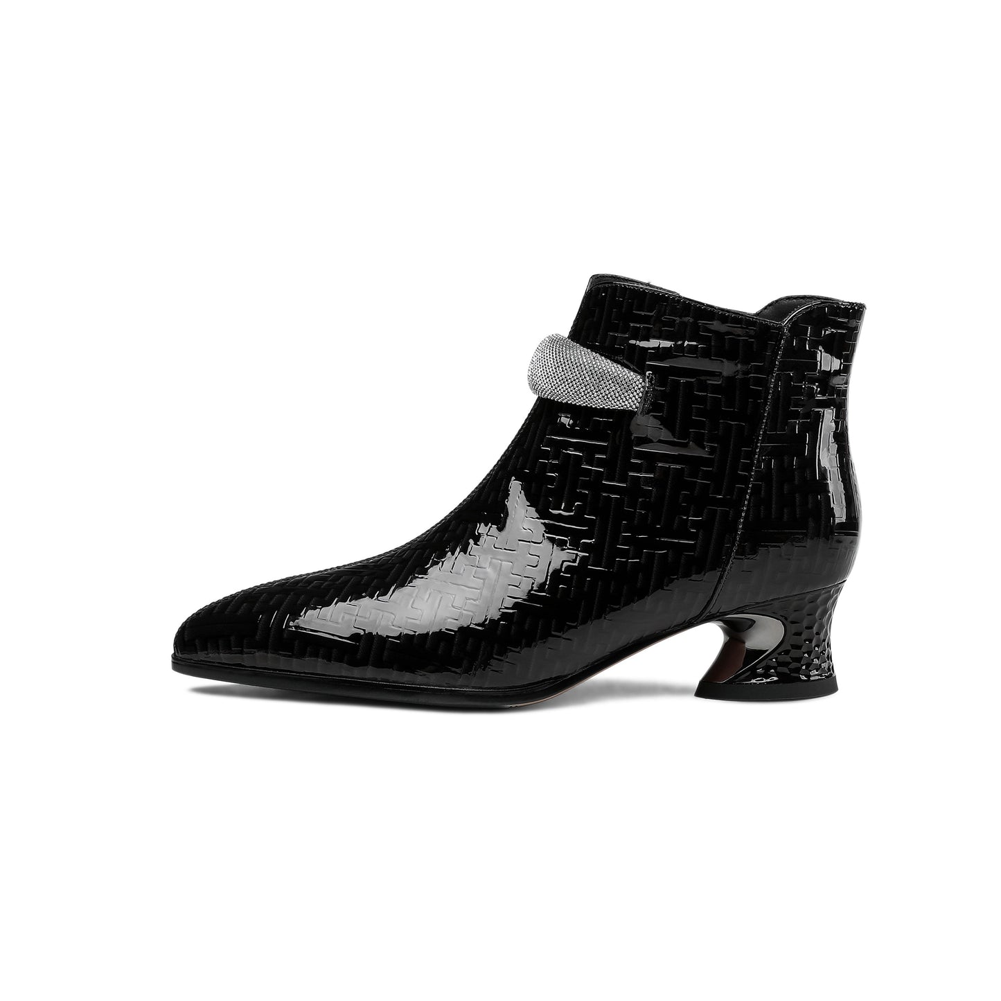 Nine Seven Women's Pointed Toe Glossy Patent Leather Handmade Zipper Low Chunky Heels Casual Ankle Boots