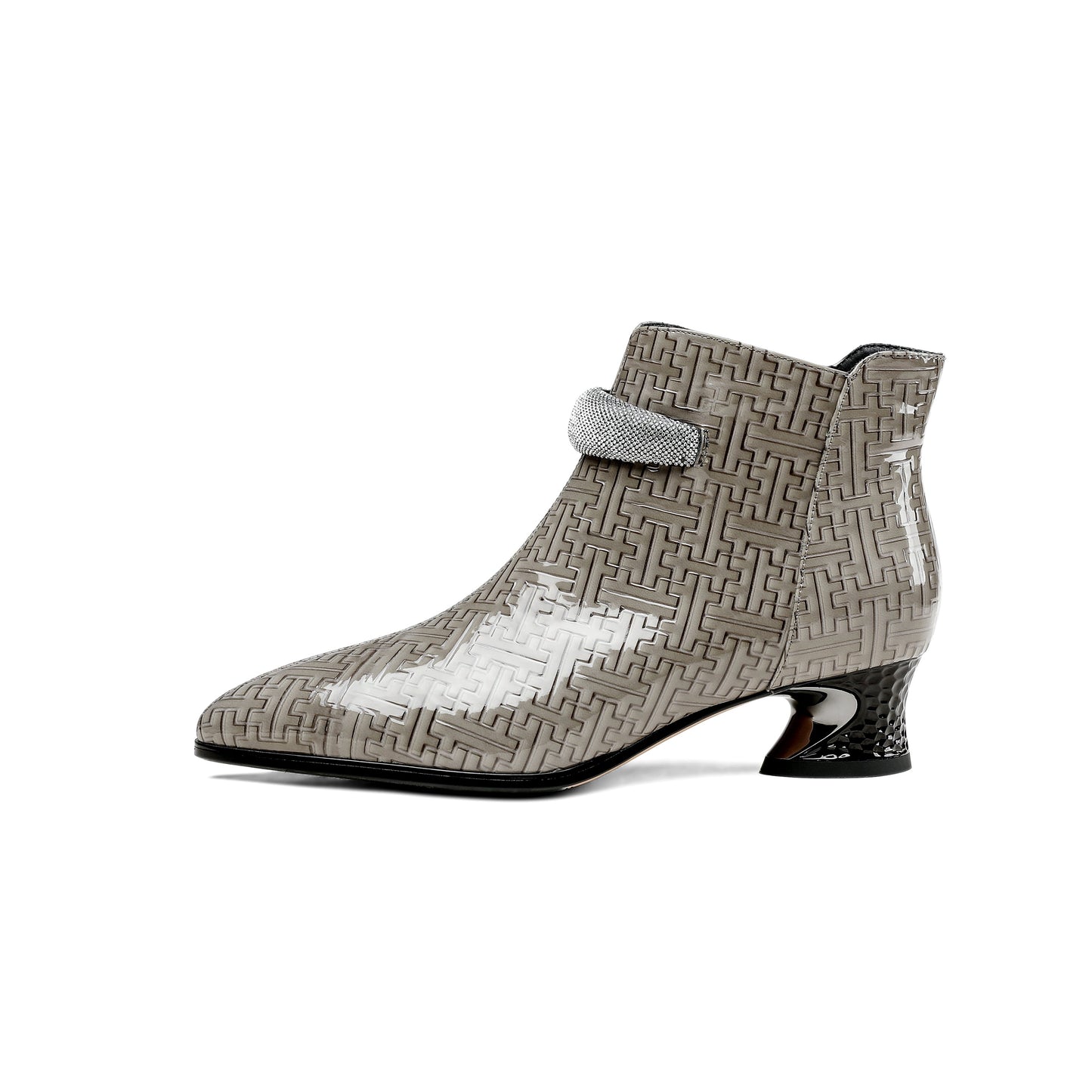 Nine Seven Women's Pointed Toe Glossy Patent Leather Handmade Zipper Low Chunky Heels Casual Ankle Boots