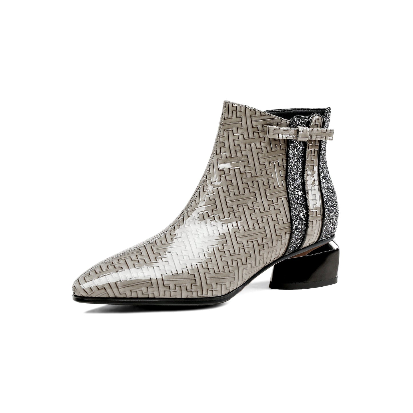 Nine Seven Women's Pointed Toe Patent Leather Handmade Side Zipper Low Chunky Heels Comfort Ankle Boots