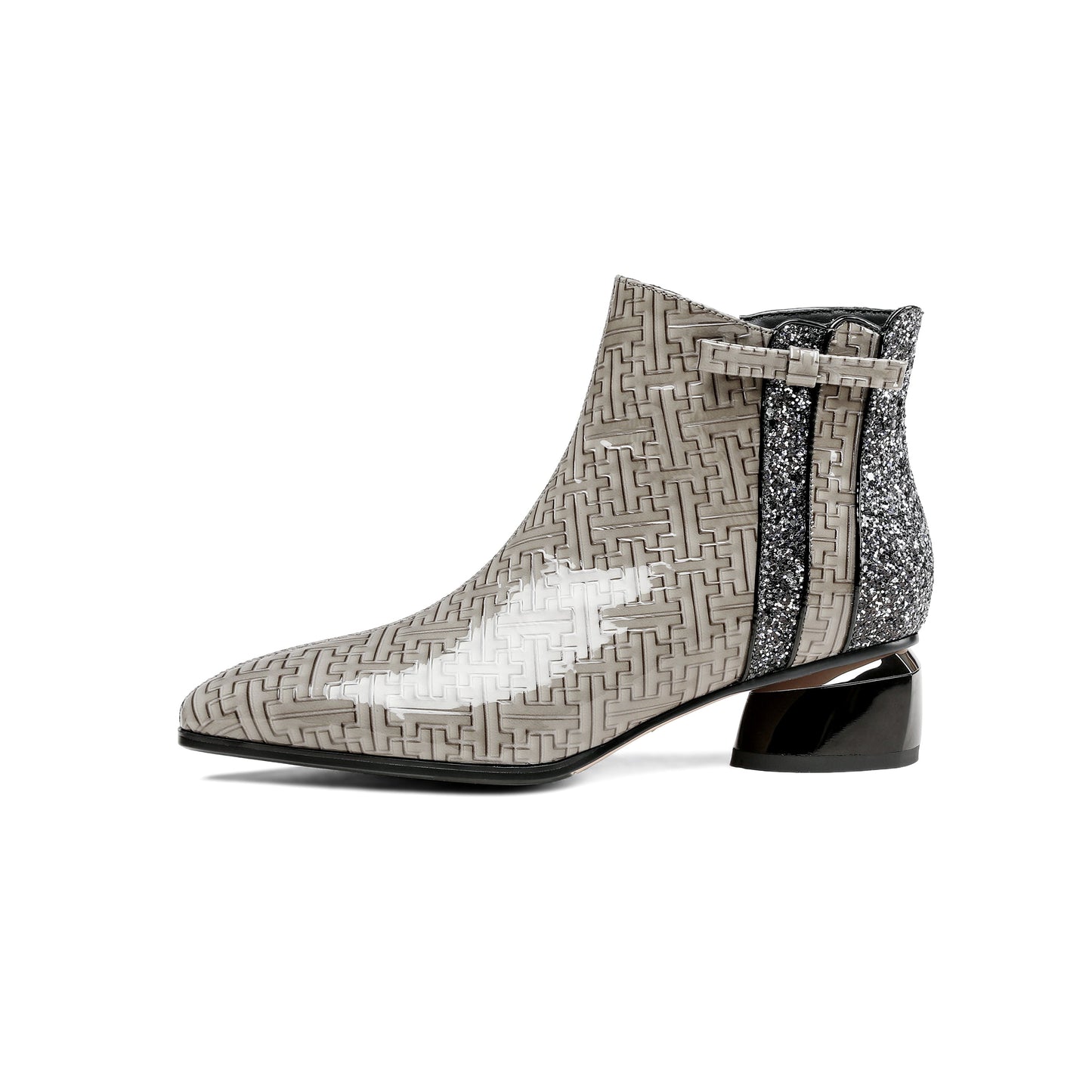 Nine Seven Women's Pointed Toe Patent Leather Handmade Side Zipper Low Chunky Heels Comfort Ankle Boots