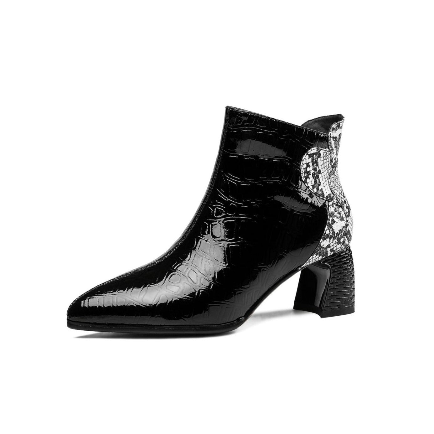 Nine Seven Handmade Women's Patent Leather Patchwork Color Snakeskin Pointed Toe Side Zipper Mid Block Heel Ankle Boots Shoes