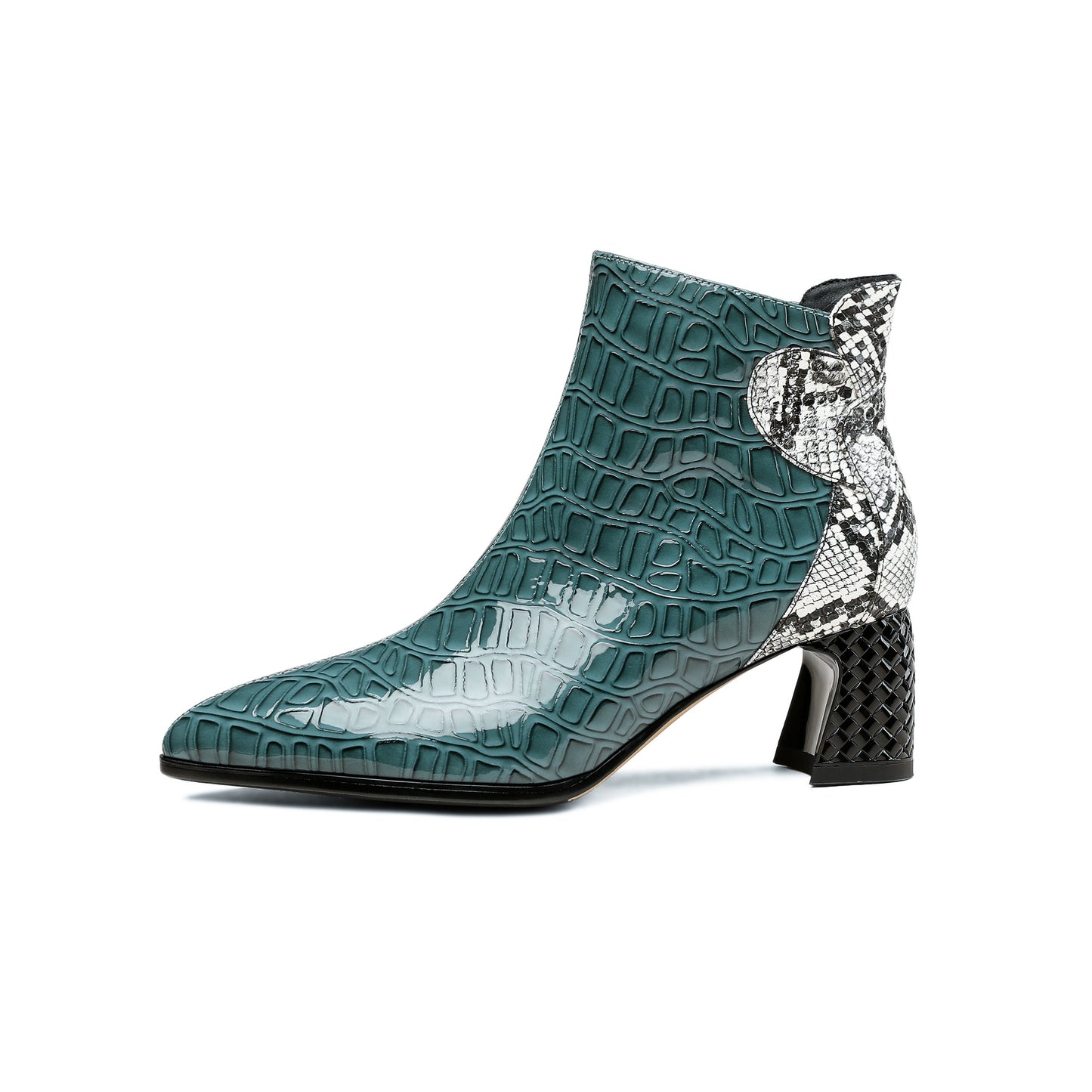 Nine Seven Handmade Women's Patent Leather Patchwork Color Snakeskin Pointed Toe Side Zipper Mid Block Heel Ankle Boots Shoes