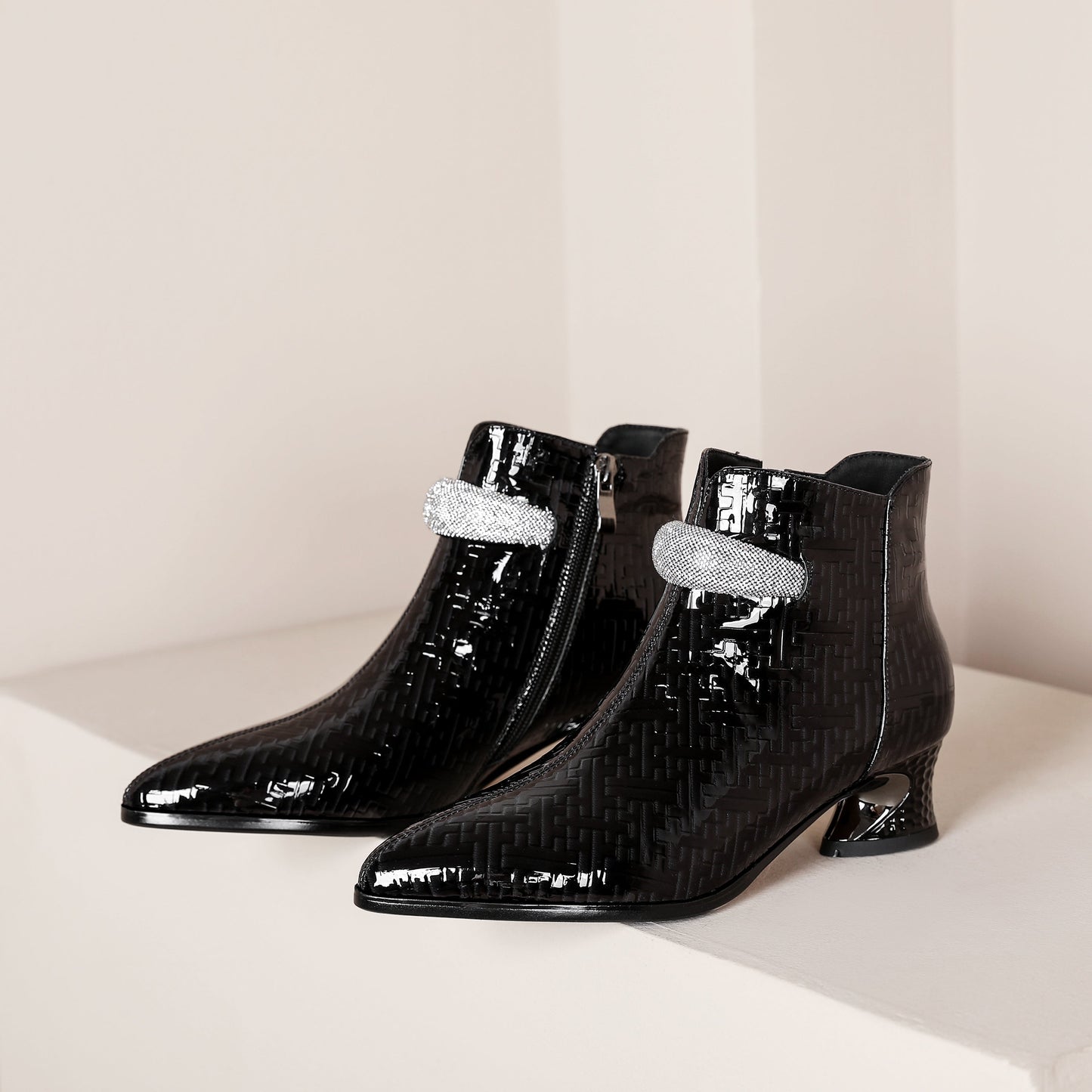 Nine Seven Women's Pointed Toe Glossy Patent Leather Handmade Zipper Low Chunky Heels Casual Ankle Boots