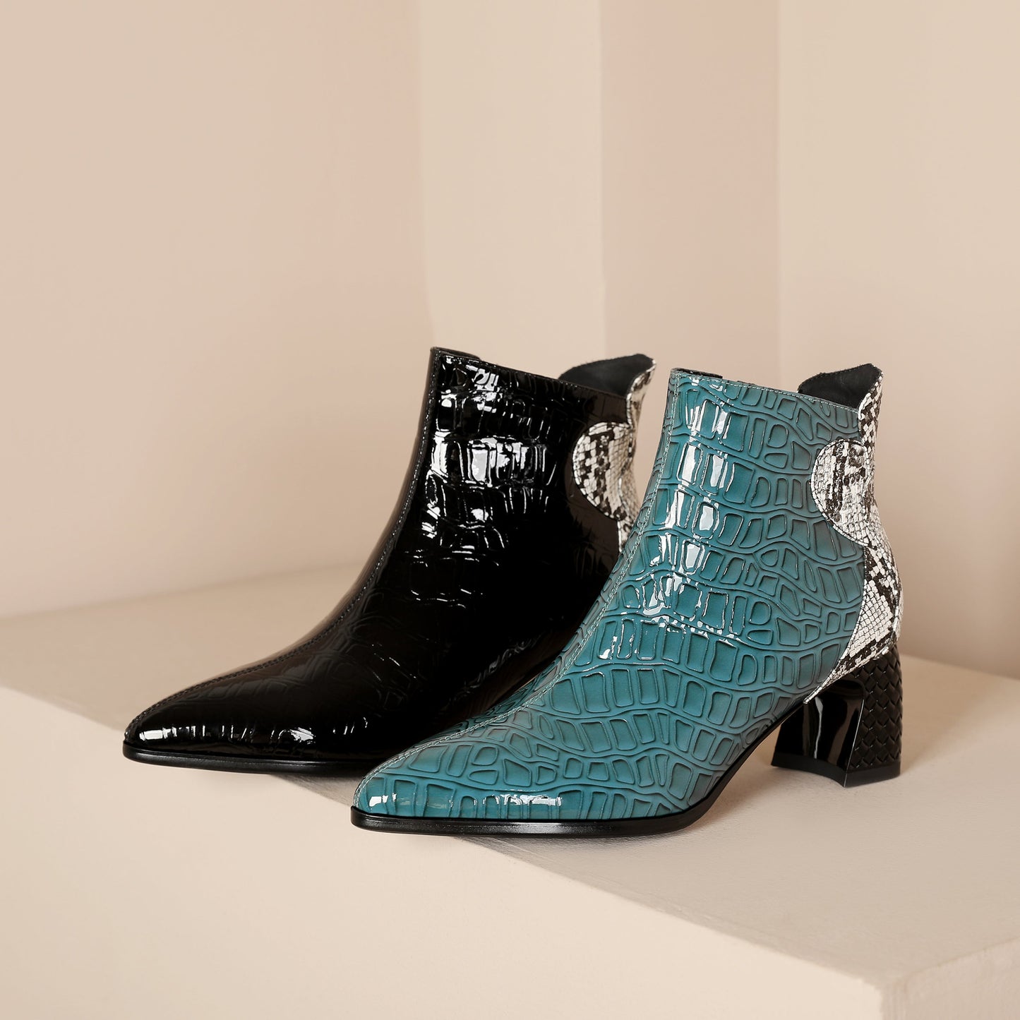 Nine Seven Handmade Women's Patent Leather Patchwork Color Snakeskin Pointed Toe Side Zipper Mid Block Heel Ankle Boots Shoes