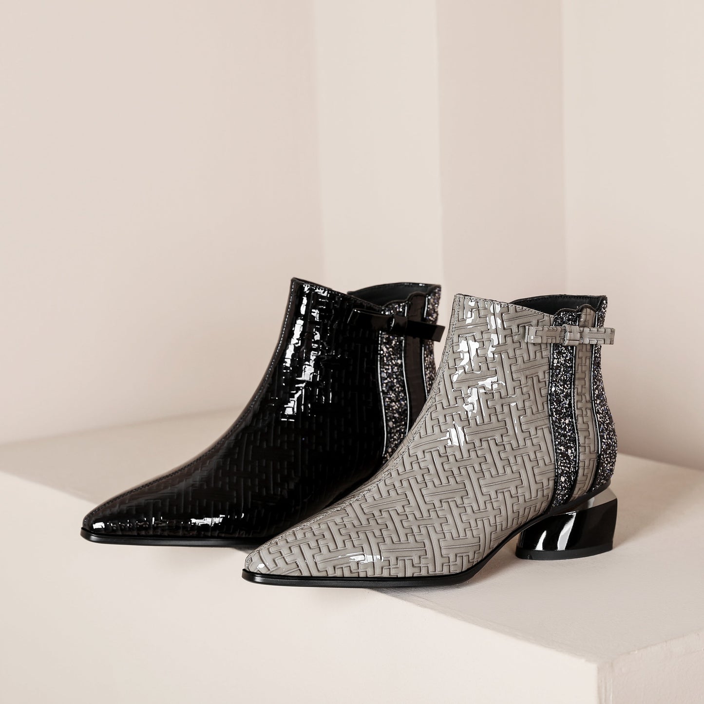 Nine Seven Women's Pointed Toe Patent Leather Handmade Side Zipper Low Chunky Heels Comfort Ankle Boots