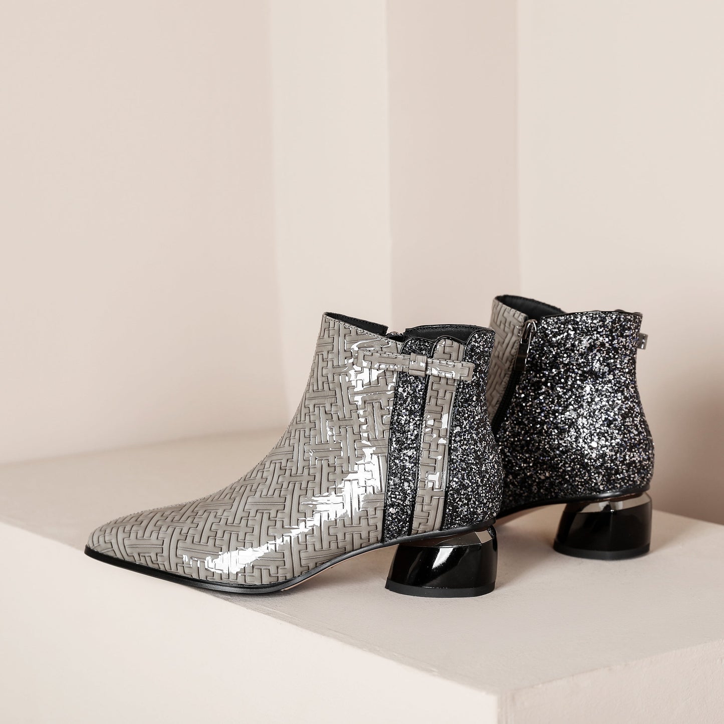 Nine Seven Women's Pointed Toe Patent Leather Handmade Side Zipper Low Chunky Heels Comfort Ankle Boots