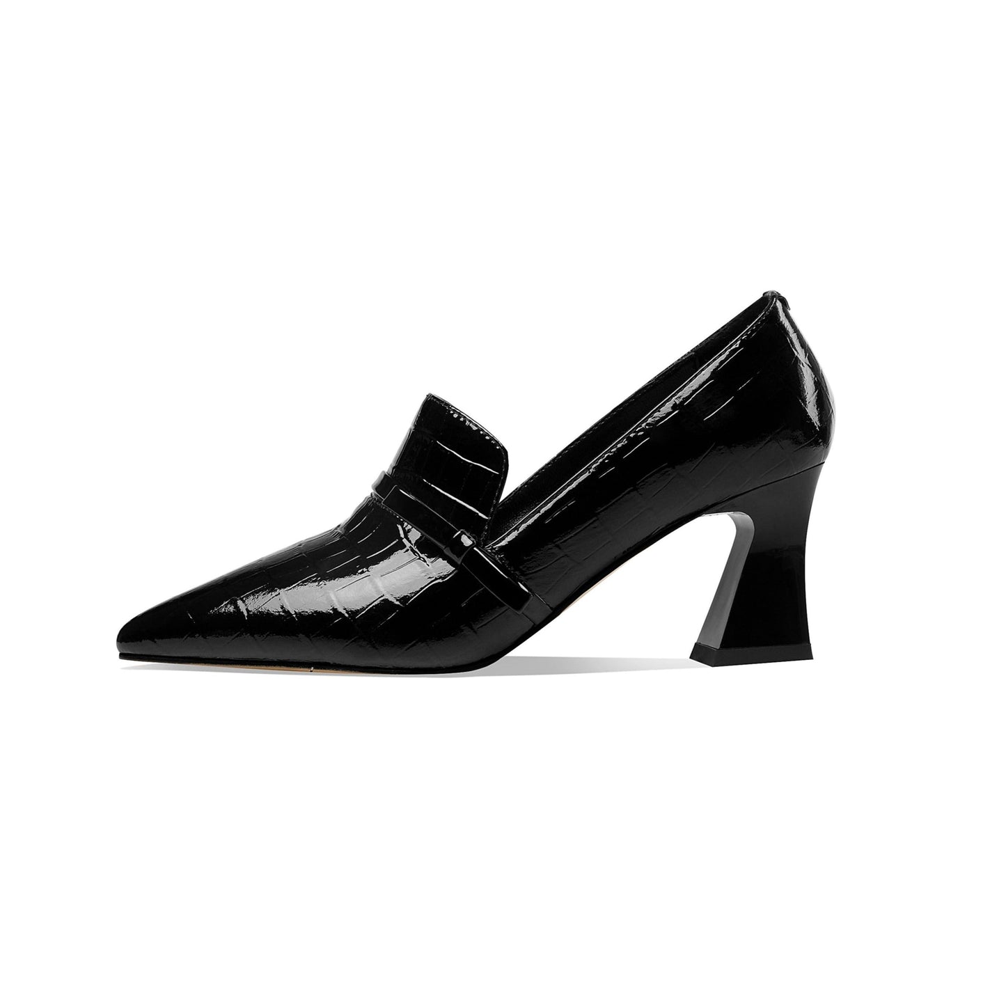 Nine Seven Embossed Patent Leather Handmade Women's Mid Spool Heel Pointed Toe Slip On Modern Pump Shoes with Bowtie