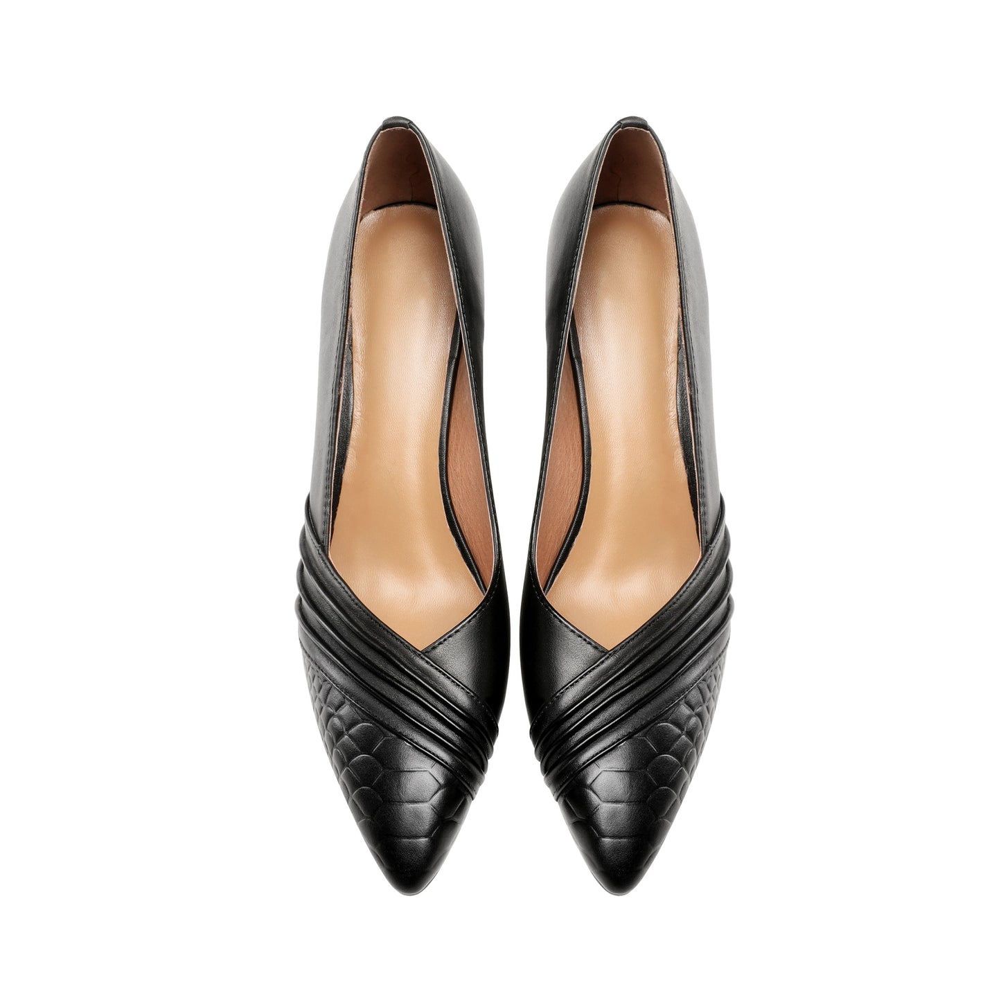 Nine Seven Women's Genuine Leather Hnadmade Wrinkle Design Pointed Toe Mid Chunky Heel Pumps Shoes