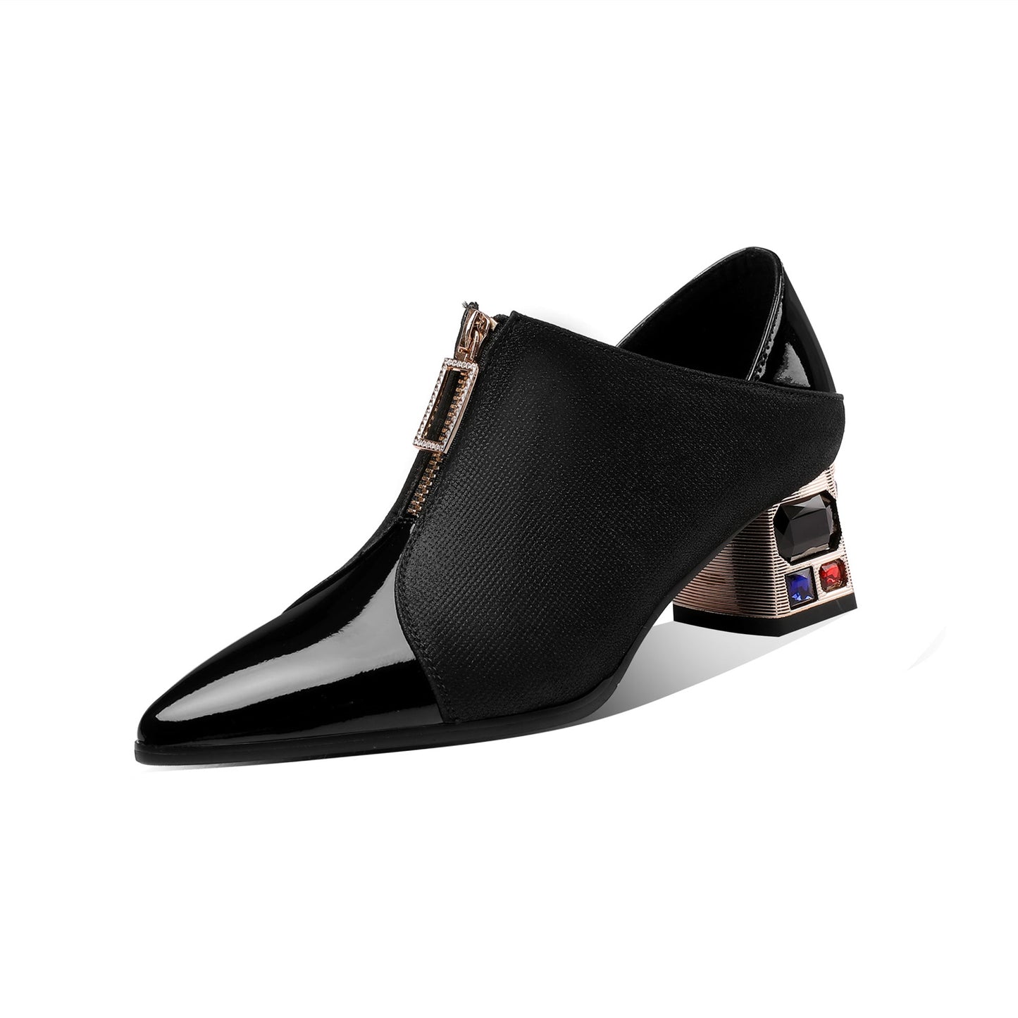 Nine Seven Genuine Leather Pointed Toe Handmade Front Zipper Low Chunky Heels Women's Pumps Shoes