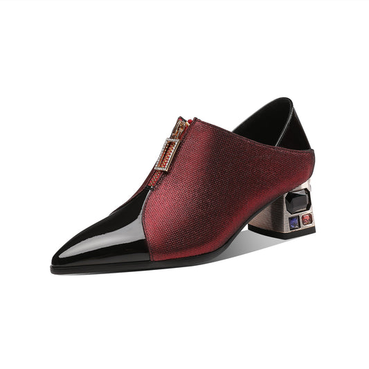 Nine Seven Genuine Leather Pointed Toe Handmade Front Zipper Low Chunky Heels Women's Pumps Shoes