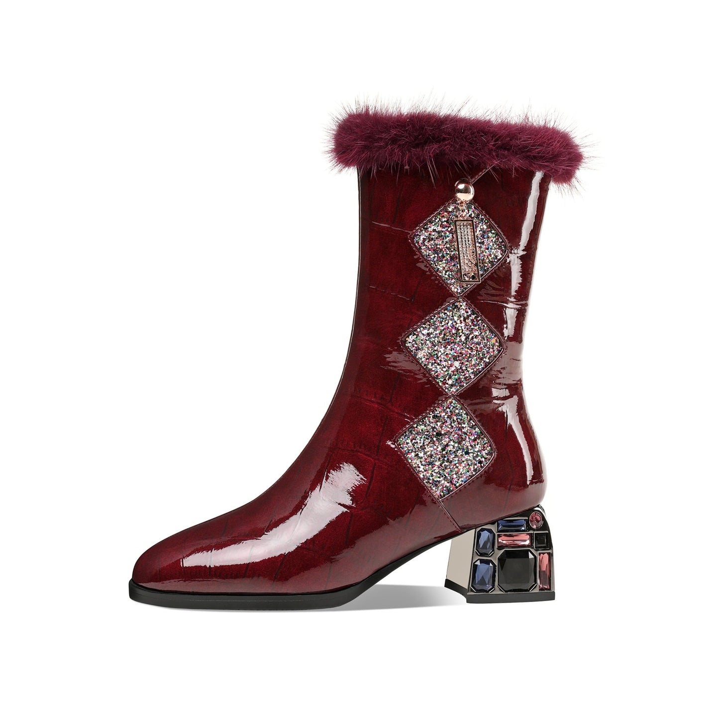 Nine Seven Women's Patent Leather Round Toe Handmade Chunky Heel with Jewelry Stylish Zip Up Mid-Calf Boots